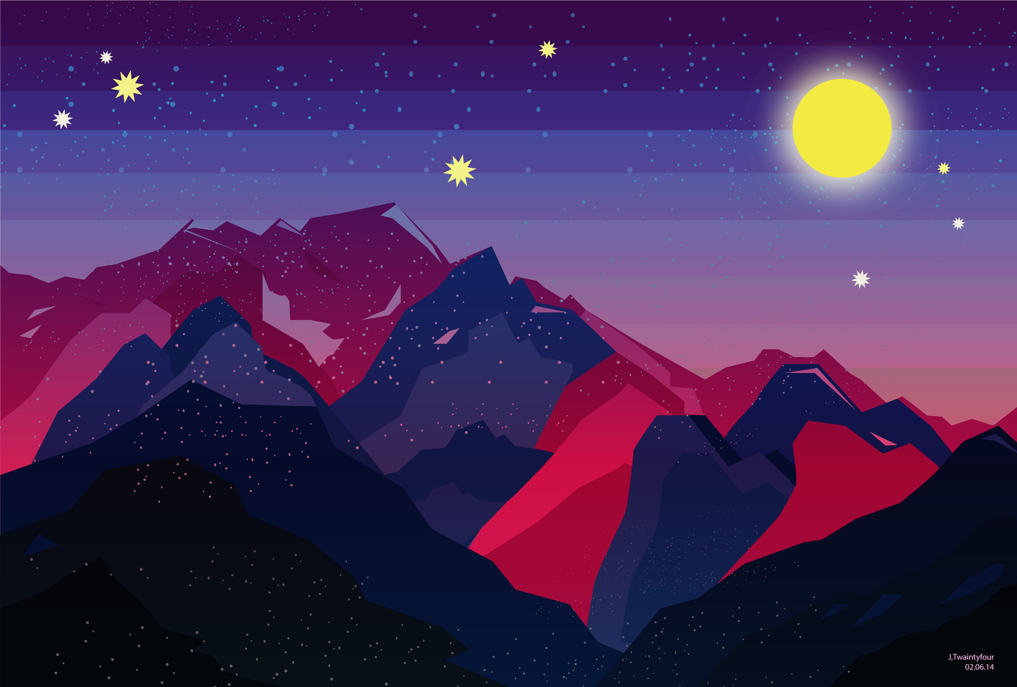 Montagne, Luna, Stelle, Low poly, Viola, Full HD, sfondo per portatile