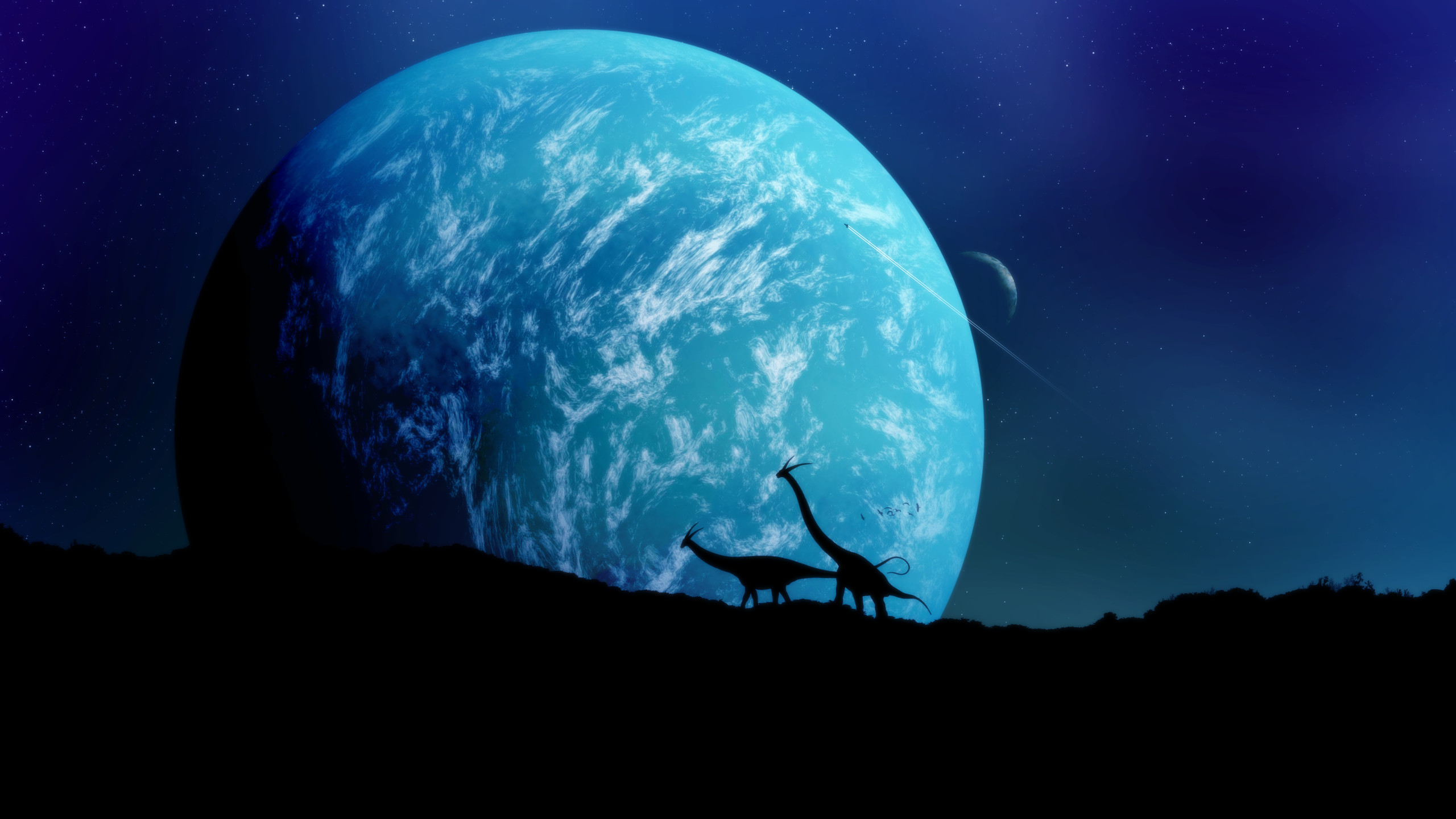 No Man's Sky, Pianeta blu, Dinosauri, Silhouette, 2560x1440, sfondo per PC