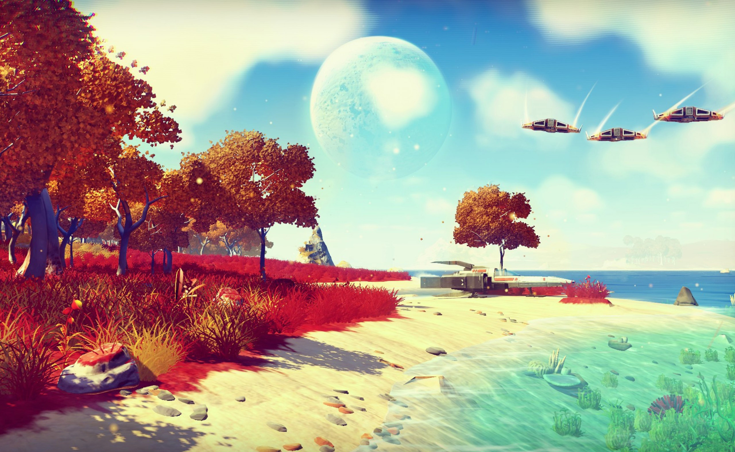 No Man's Sky, Pianeta alieno, Spiaggia, Navi spaziali, 2K, wallpaper per computer