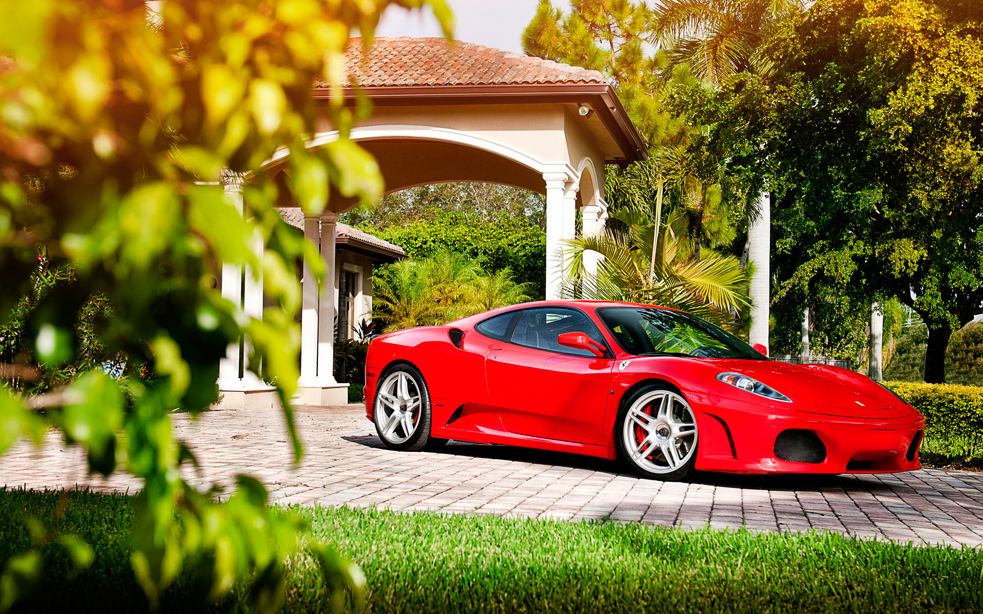 Ferrari F430, Rosso, Villa, Giardino, 16:10 Full HD, sfondo widescreen