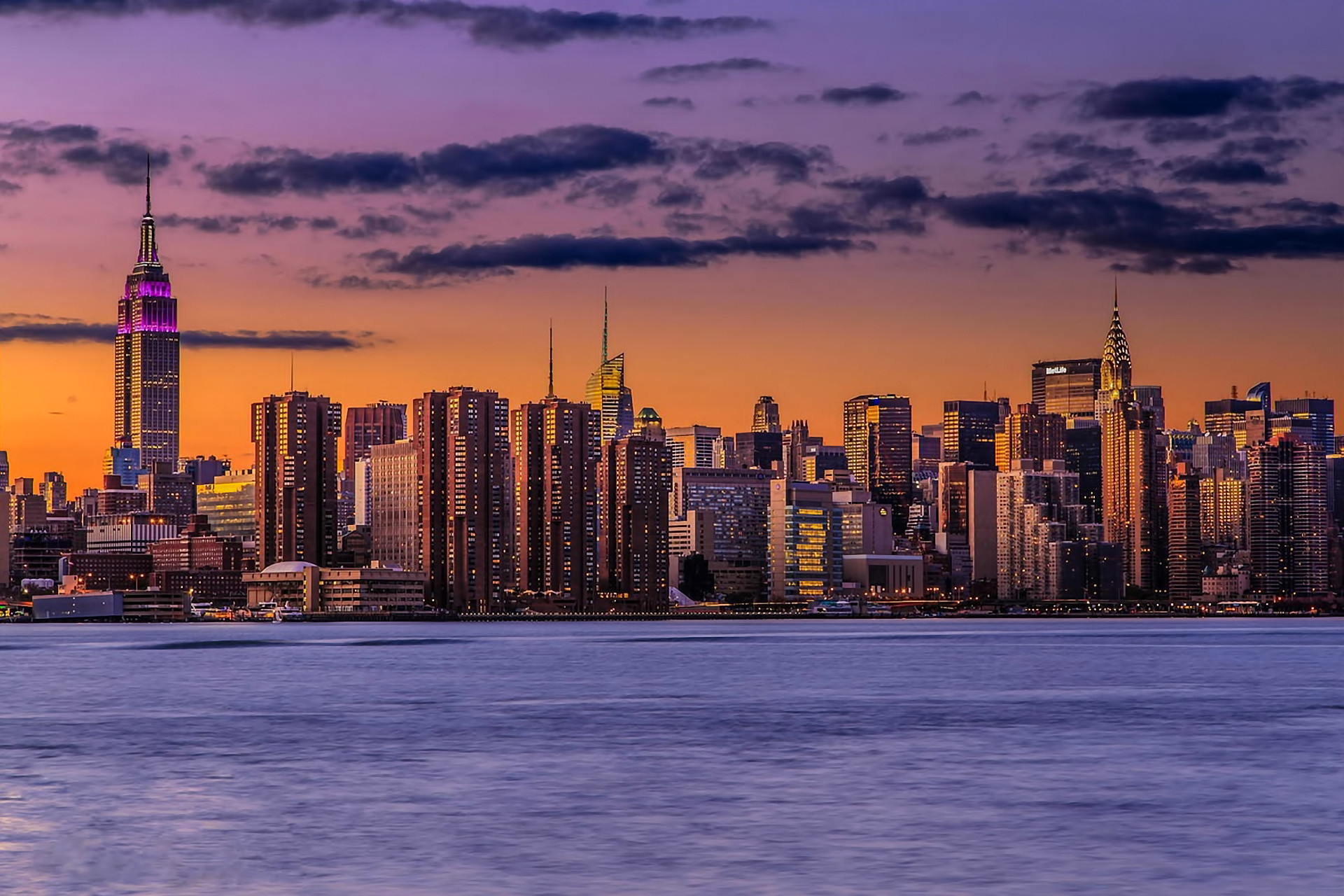 Empire State Building, Skyline di Manhattan, Tramonto, Hudson, Full HD, wallpaper per PC