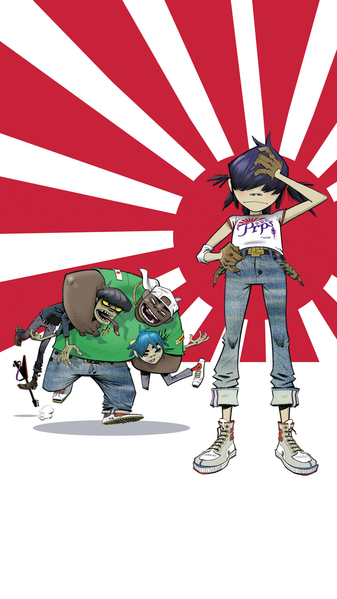 Gorillaz, Noodle, Sol levante, Rosso e bianco, Full HD, sfondo per iPhone e Android