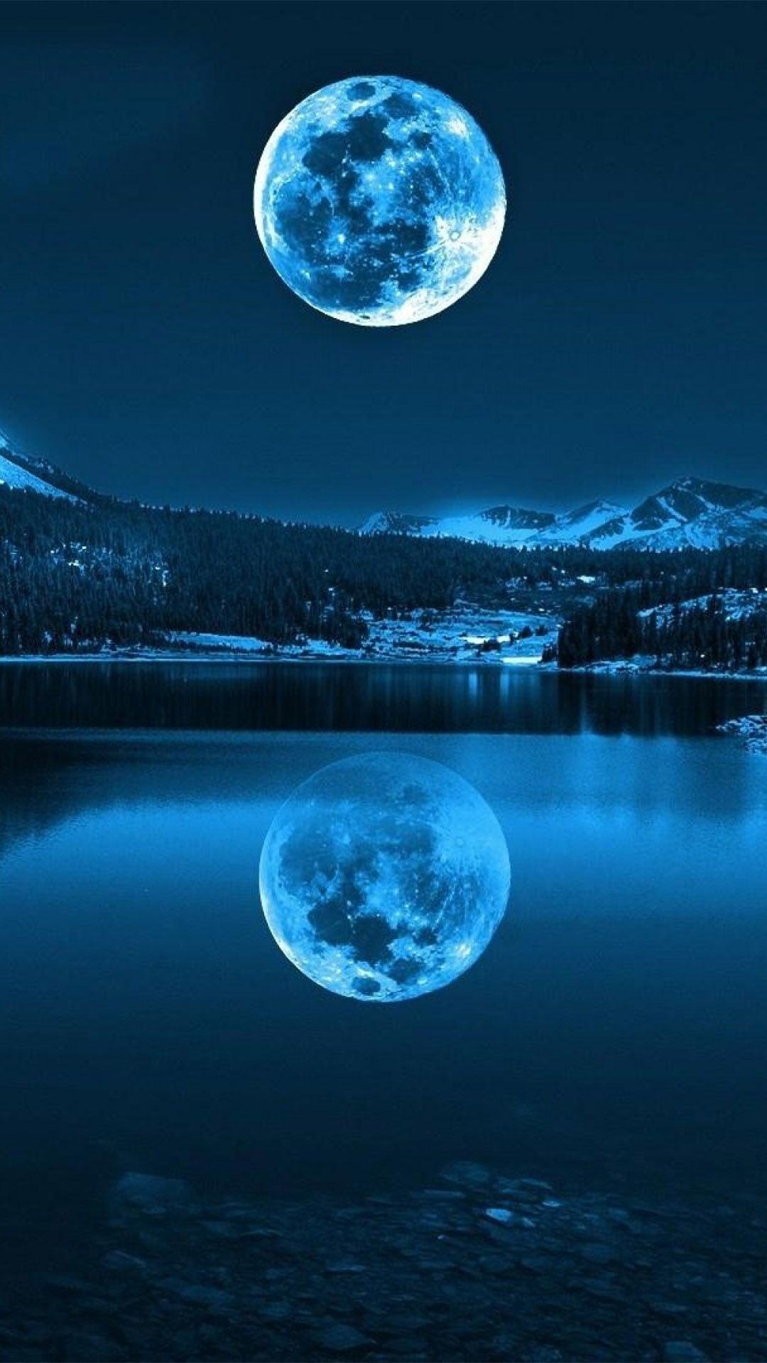 Luna piena, Lago, Riflesso, Notte, sfondo per cellulare, iPhone e Android