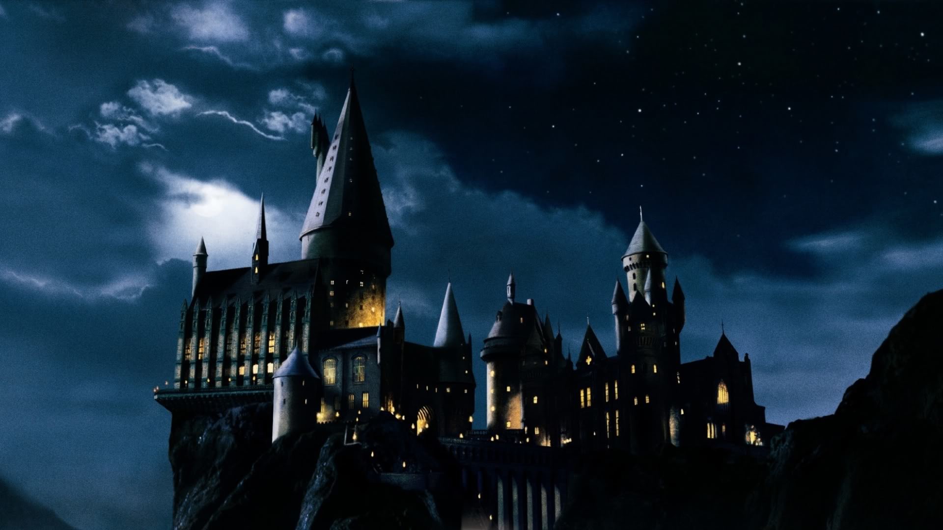 Castello di Hogwarts, Notte, Luna, Full HD, sfondo desktop