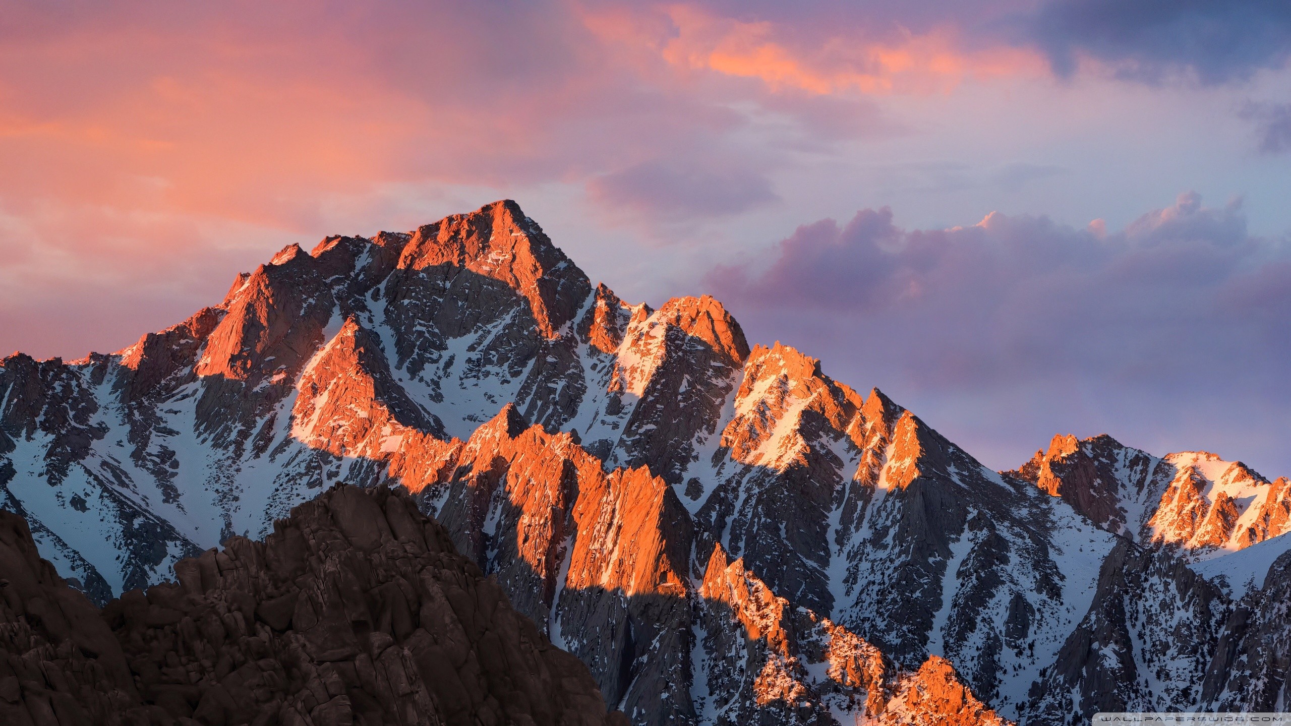 macOS Sierra, Montagne innevate, Tramonto, Cielo rosa, wallpaper Mac