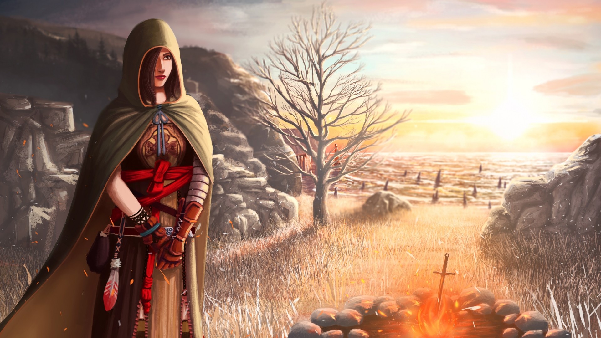 Dark Souls, Falò, Mantello, Albero spoglio, Tramonto, Full HD, sfondo per PC e portatile