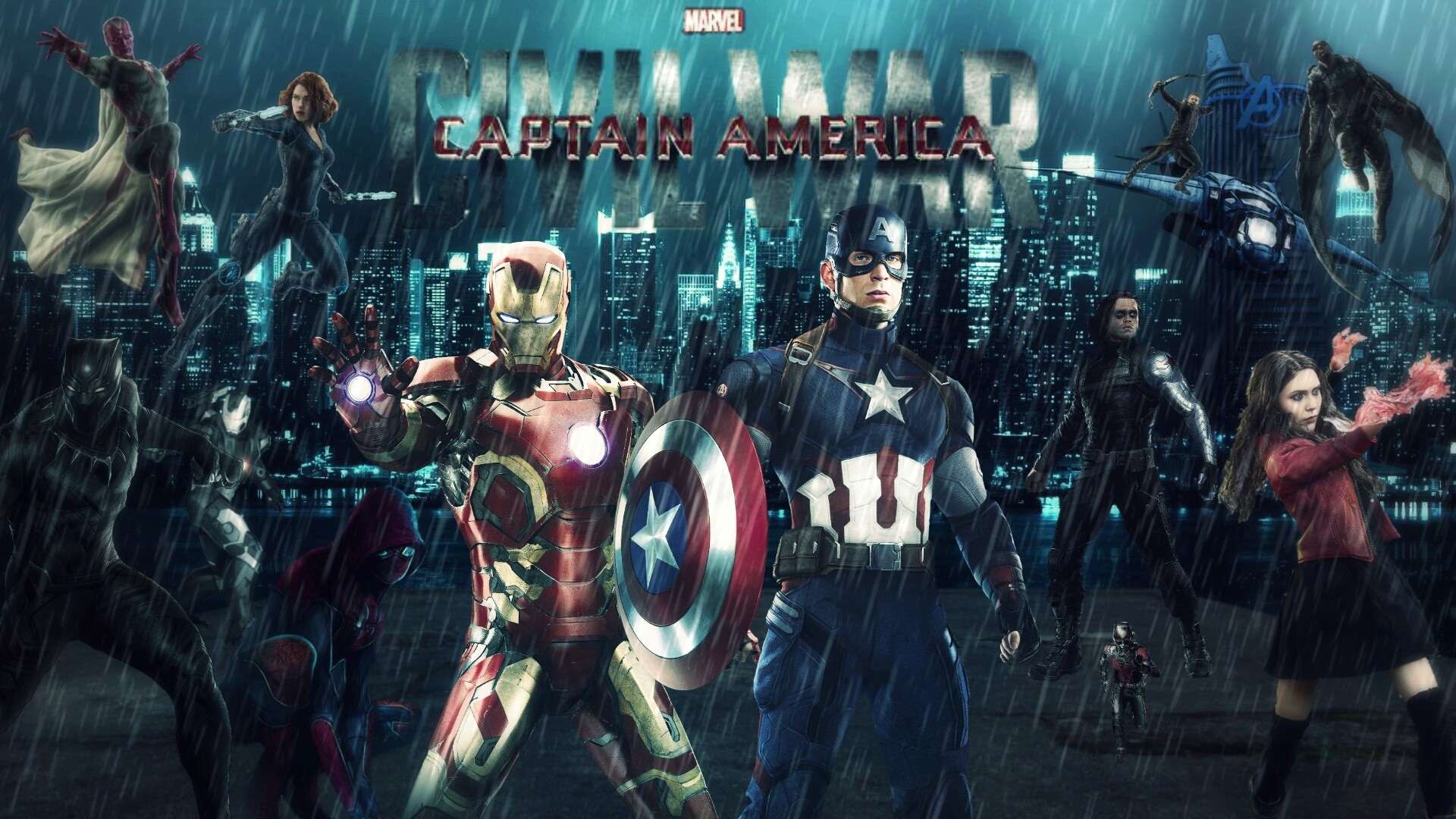 Captain America, Iron Man, Scarlet Witch, Captain America: Civil War, Notte, sfondo Full HD