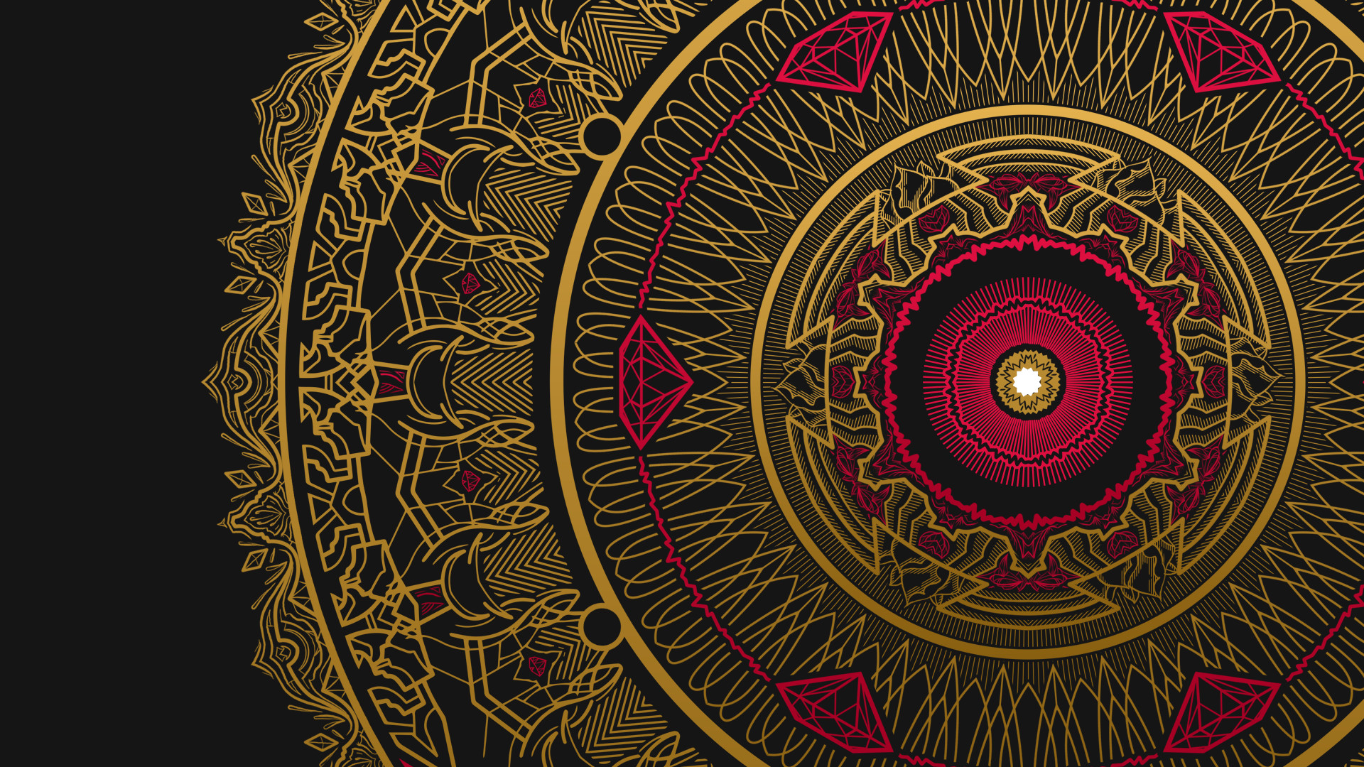 Mandala, Oro, Rosso, Sfondo nero, Full HD, wallpaper per computer
