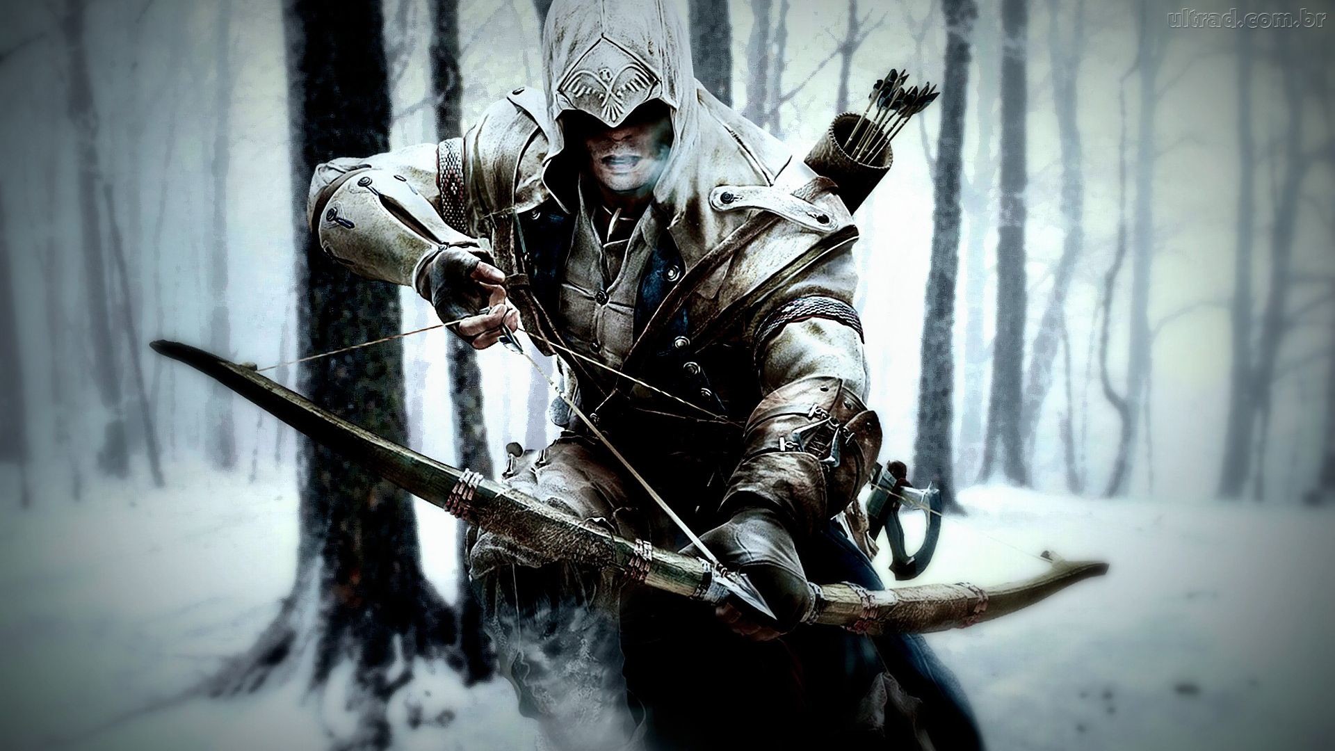 Connor Kenway, Assassin's Creed III, Arco, Neve, Foresta, Full HD, sfondo desktop