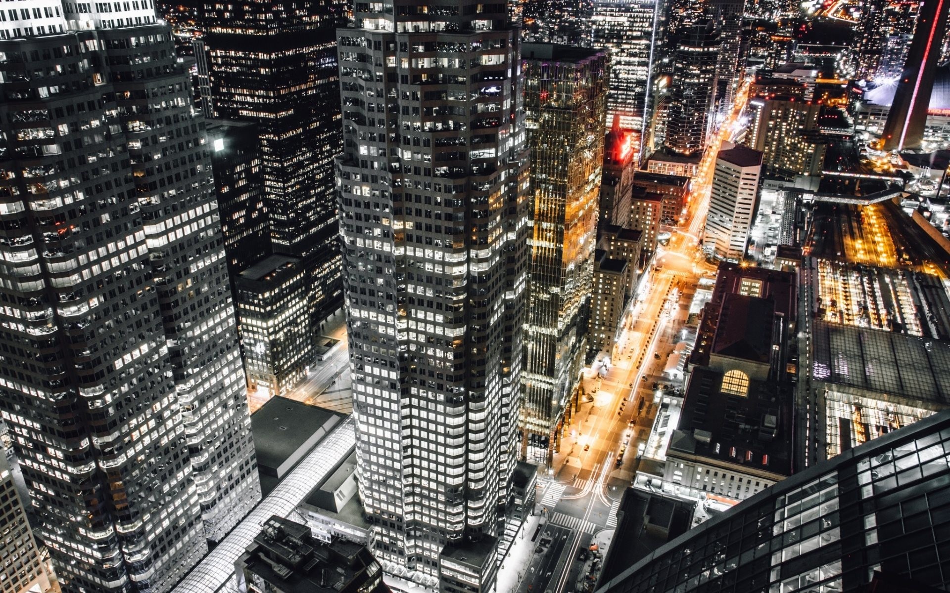Manhattan, Grattacieli, New York, Vista aerea, Notte, 16:10 Full HD, wallpaper widescreen