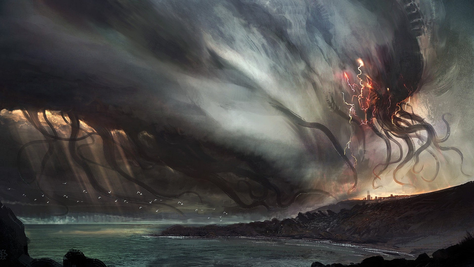 Cthulhu, Tempesta, Tentacoli, Costa, 1920x1080, immagine di sfondo