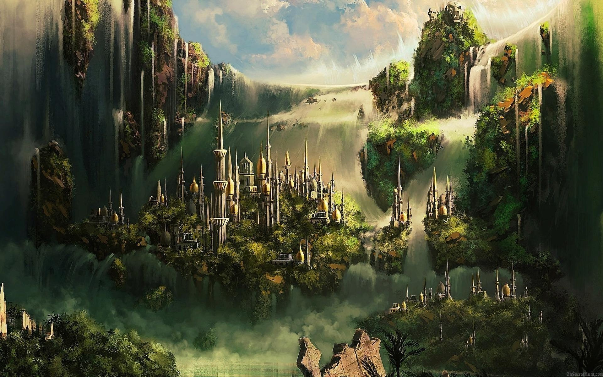 Città fantasy, Cascate, Isole fluttuanti, Foresta, Verde, 1920x1200, sfondo MacBook Pro