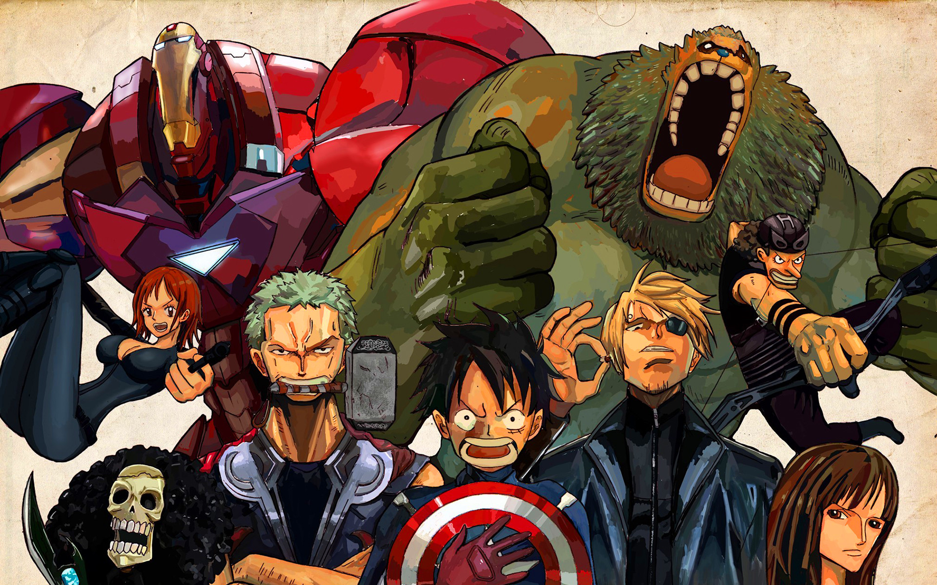 One Piece, Avengers, Crossover, Roronoa Zoro, Monkey D. Luffy, 1920x1200, sfondo MacBook Pro