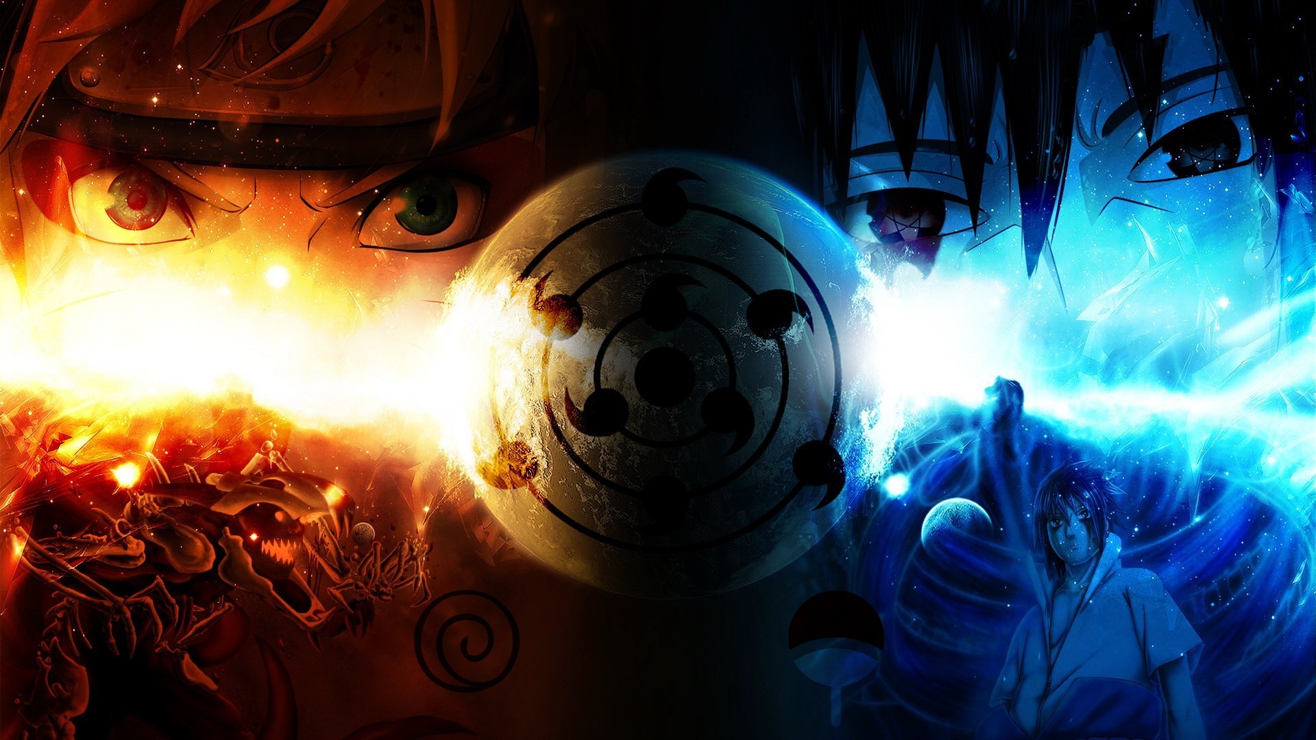 Naruto Uzumaki, Sasuke Uchiha, Rinnegan, Naruto Shippuden, Fuoco e ghiaccio, wallpaper desktop