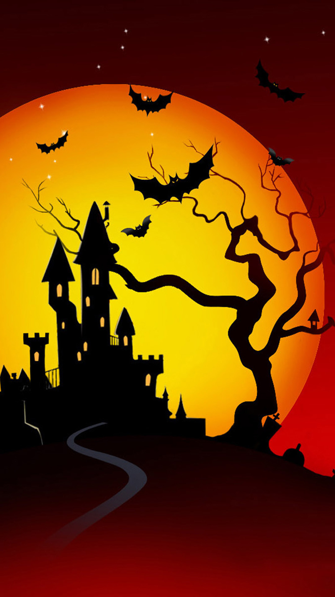 Castello stregato, Luna, Pipistrelli, Albero spoglio, Full HD, sfondo per smartphone