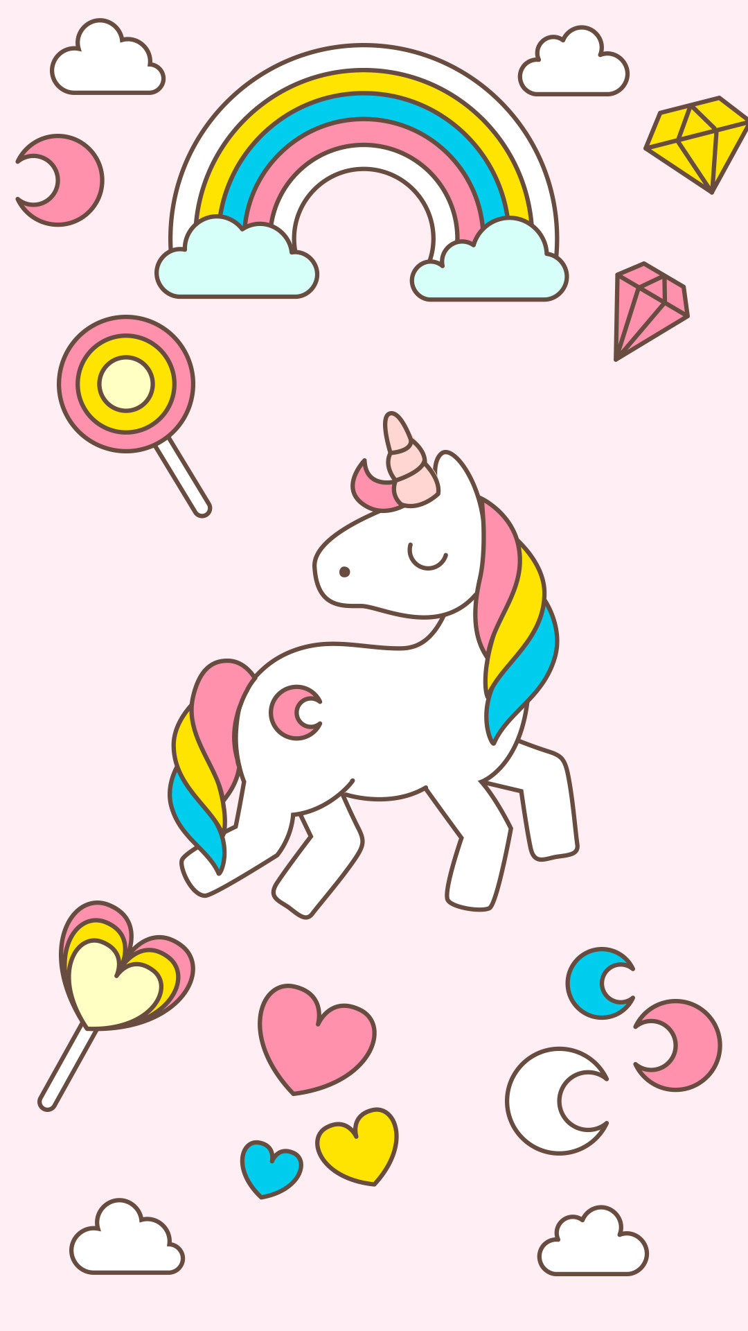 Unicorno, Arcobaleno, Kawaii, Lecca-lecca, Sfondo rosa, 1080x1920, schermata di blocco iPhone