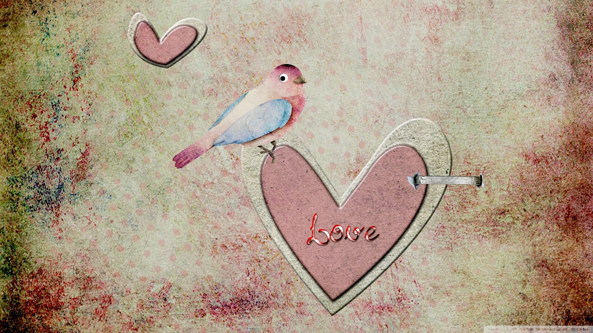 Uccellino, Cuore, Love, Texture grunge, Shabby chic, 1920x1080, wallpaper desktop