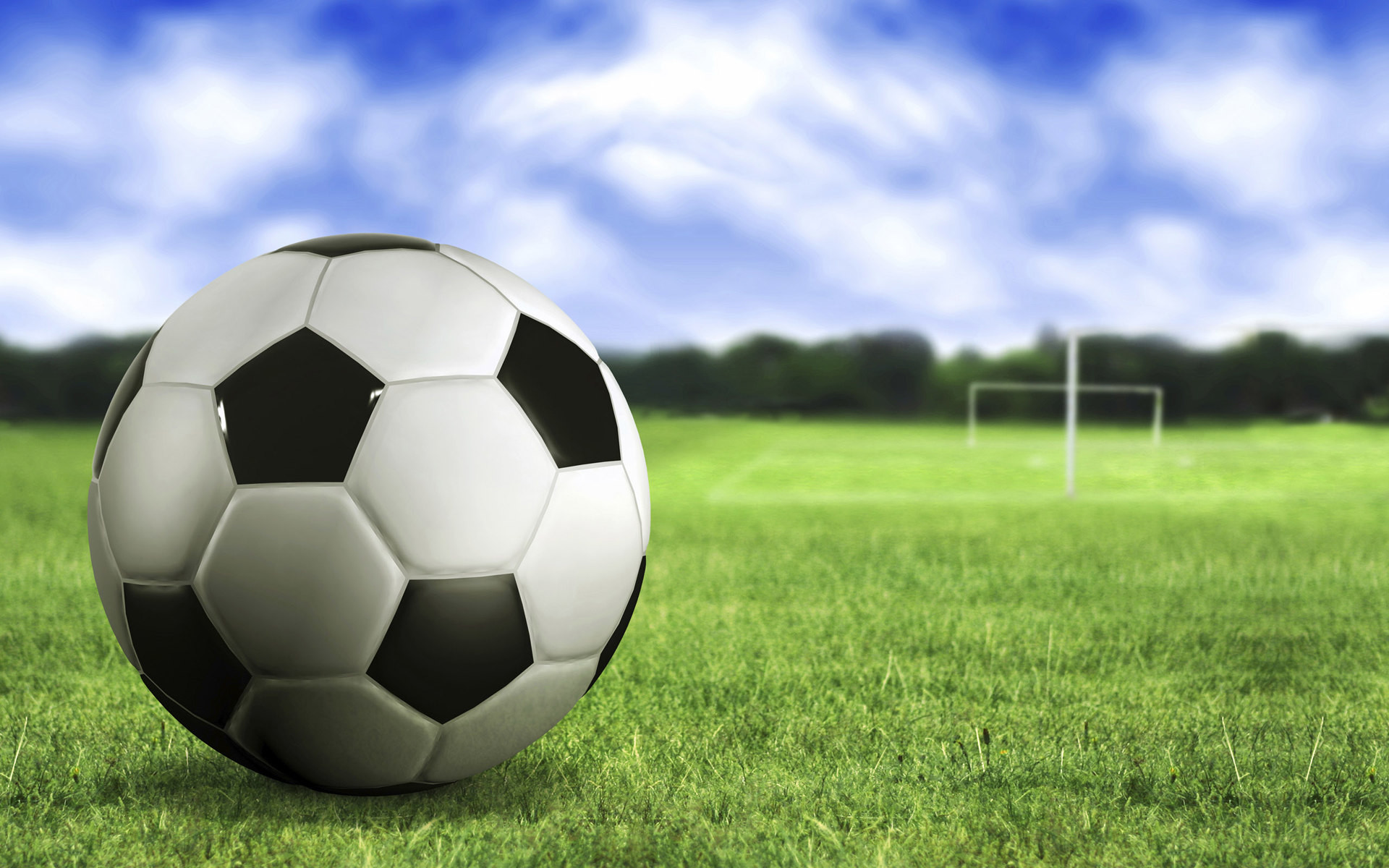 Pallone da calcio, Campo, Porta, Cielo azzurro, Full HD, sfondo per portatile
