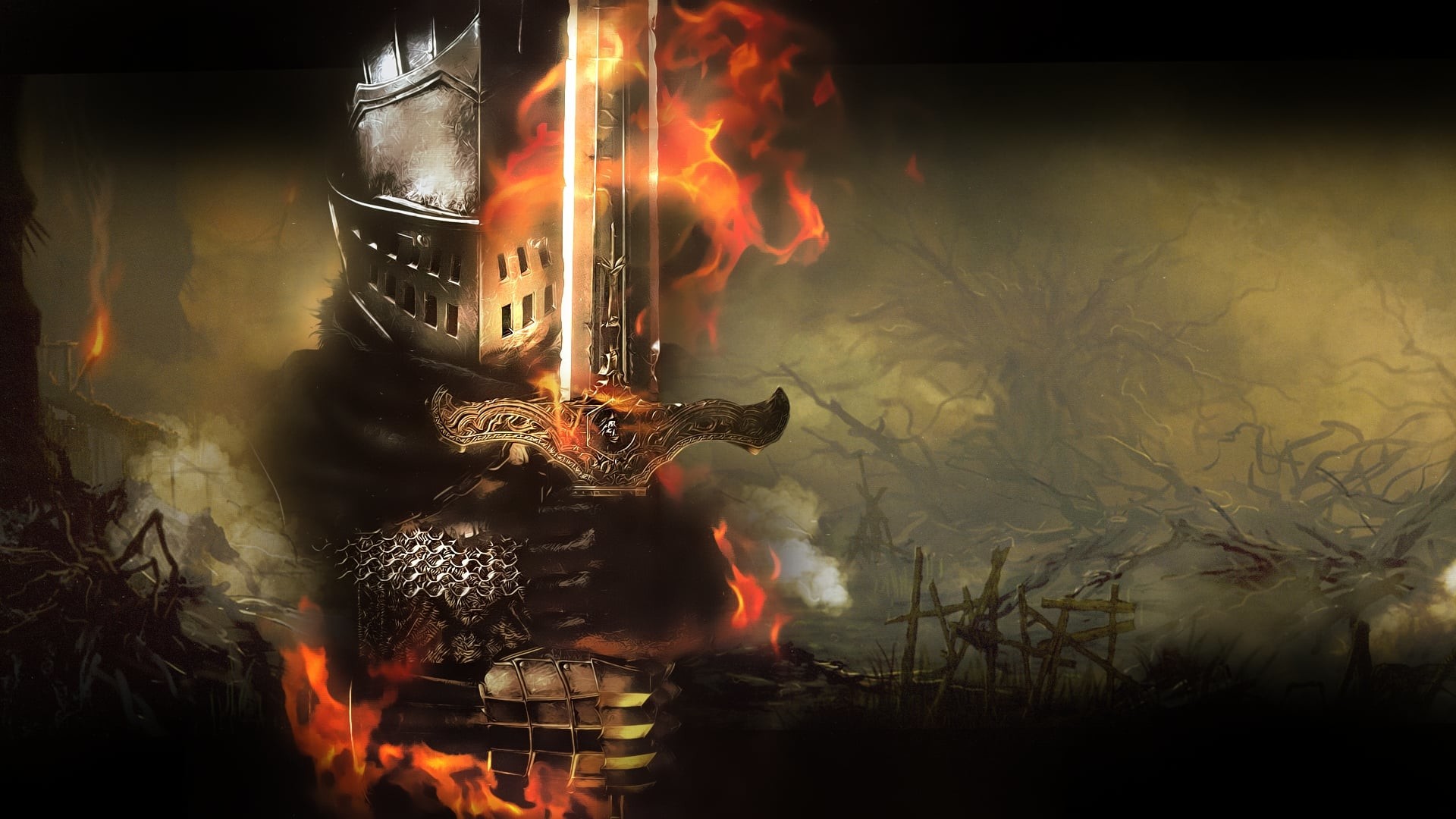 Dark Souls III, Cavaliere, Spada, Fiamme, Full HD, sfondo desktop