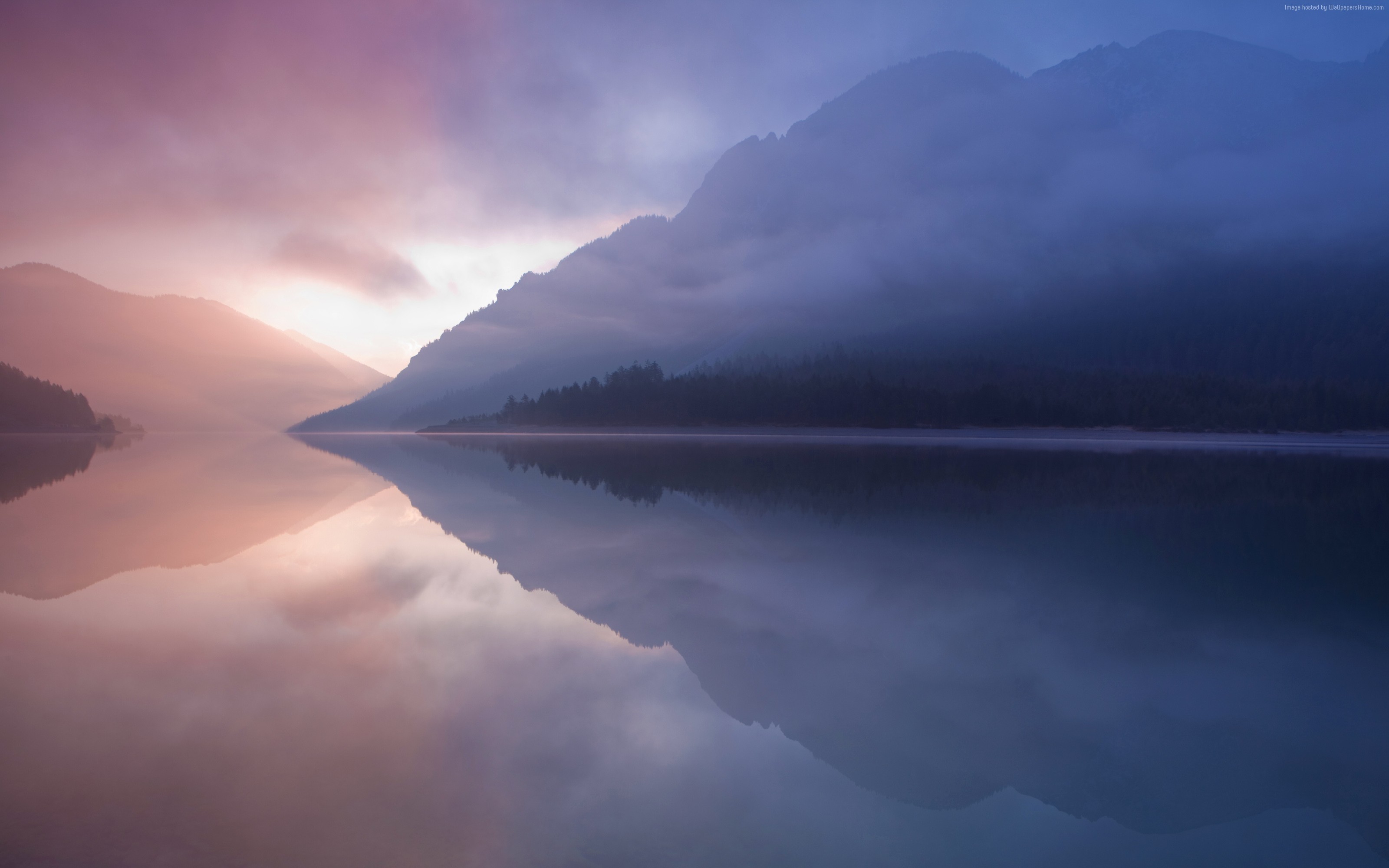 Lago, Montagne, Nebbia, Alba, Viola, 16:10 2K, sfondo widescreen
