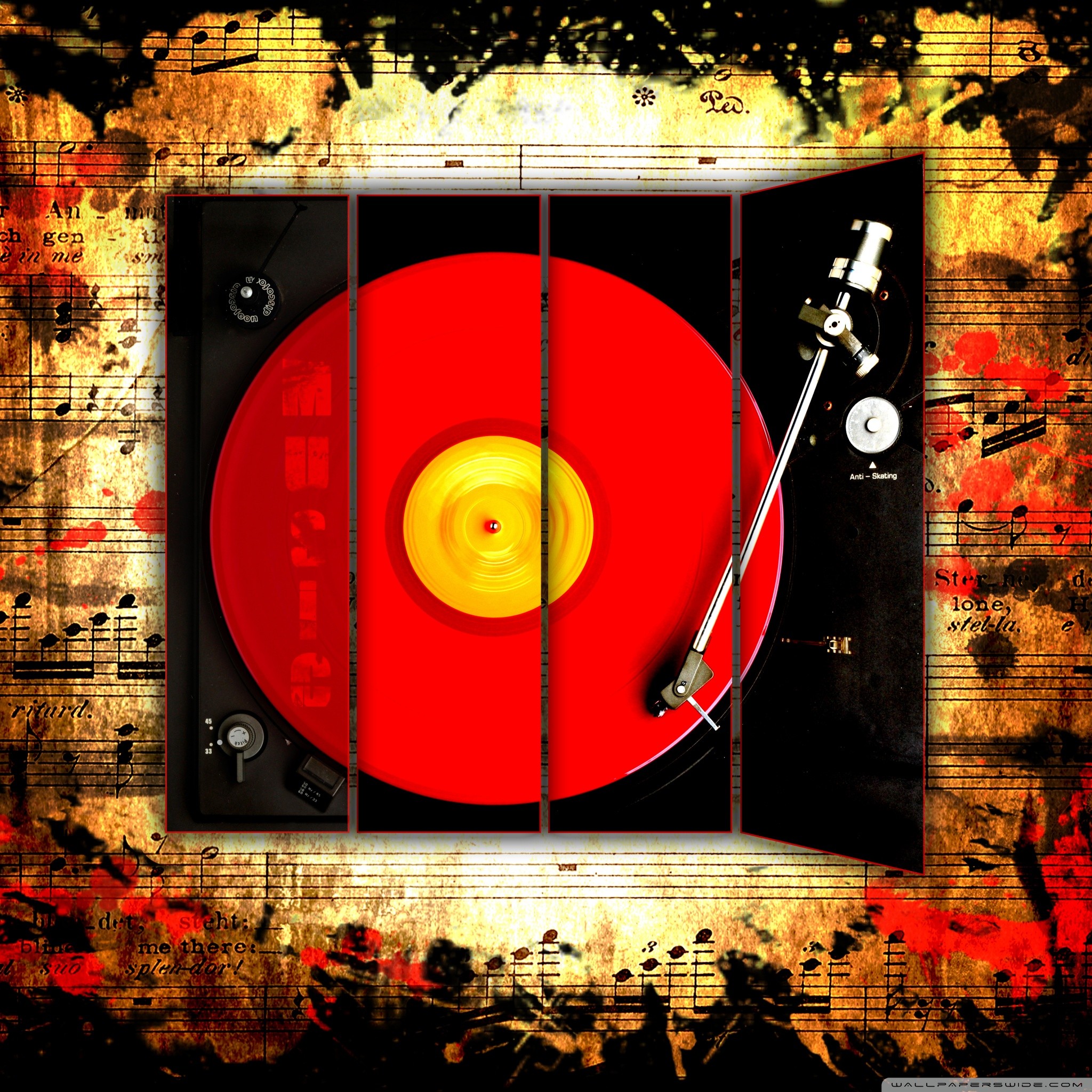 Giradischi, Vinile rosso, Grunge, Spartito, sfondo per iPad e tablet