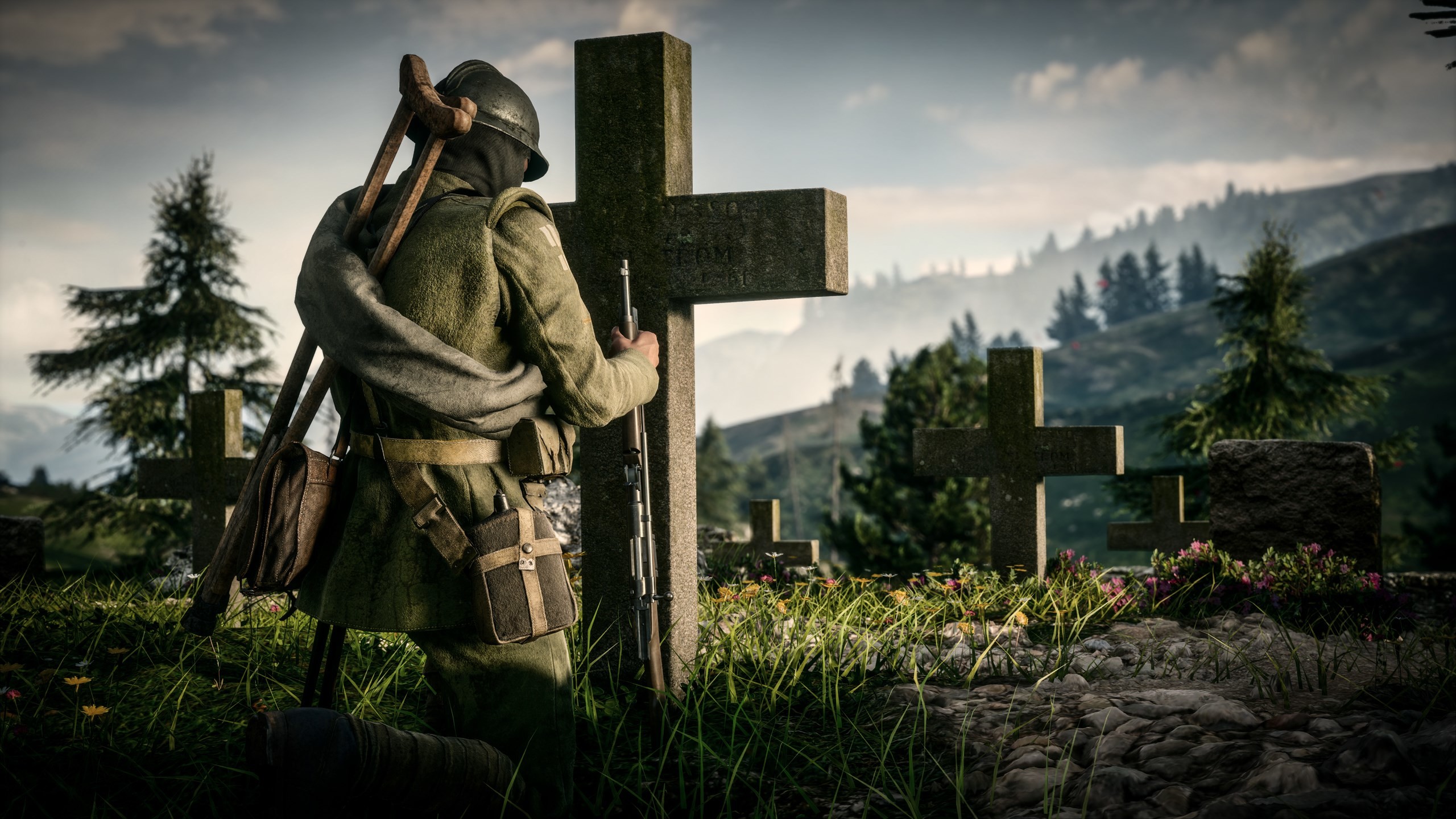 Battlefield 1, Soldato, Cimitero, Croci, Colline, 2K 1440p, sfondo desktop