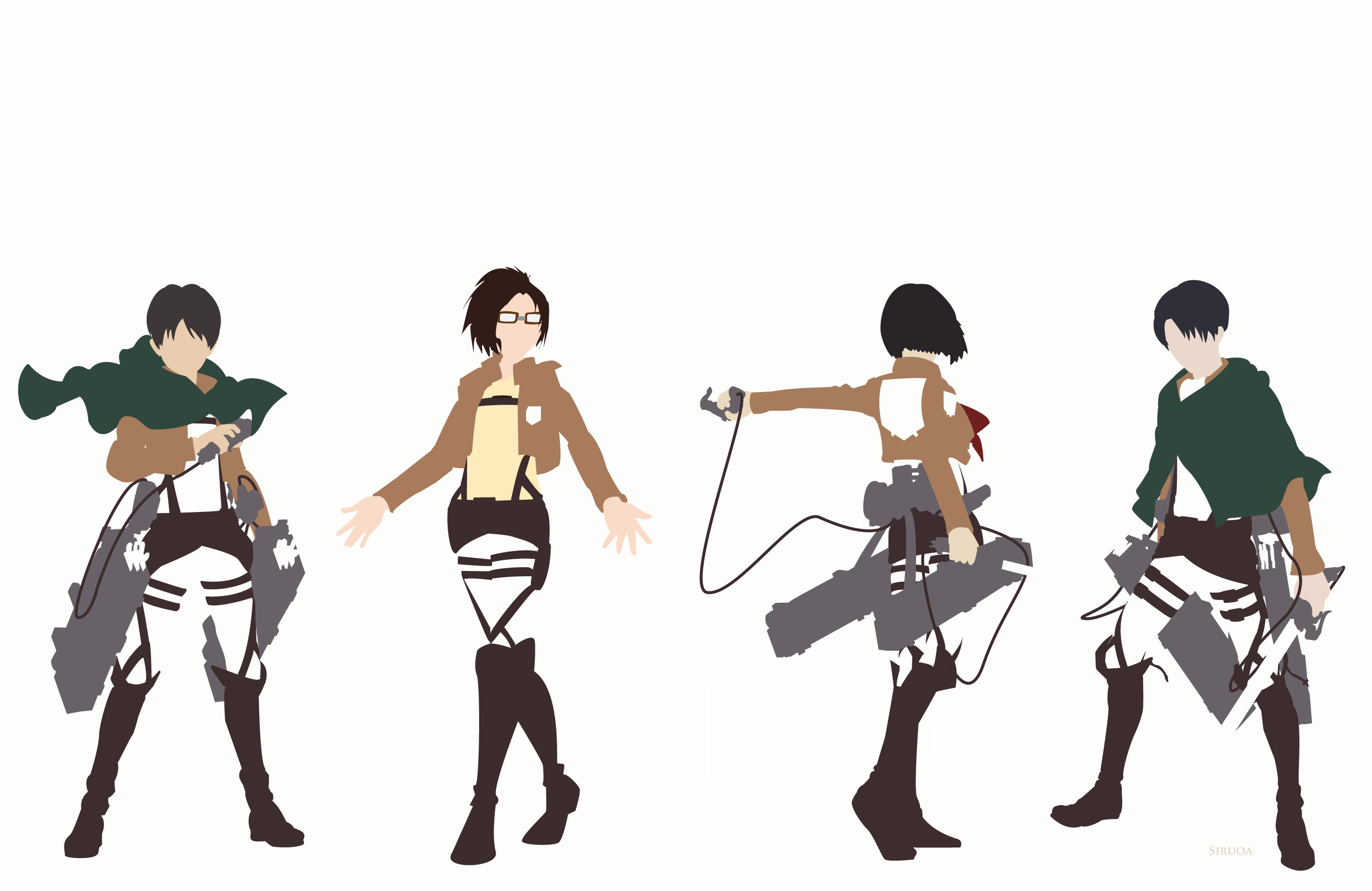 Levi Ackerman, Hange Zoë, Mikasa Ackerman, Eren Jaeger, Minimalismo, sfondo 2K per computer