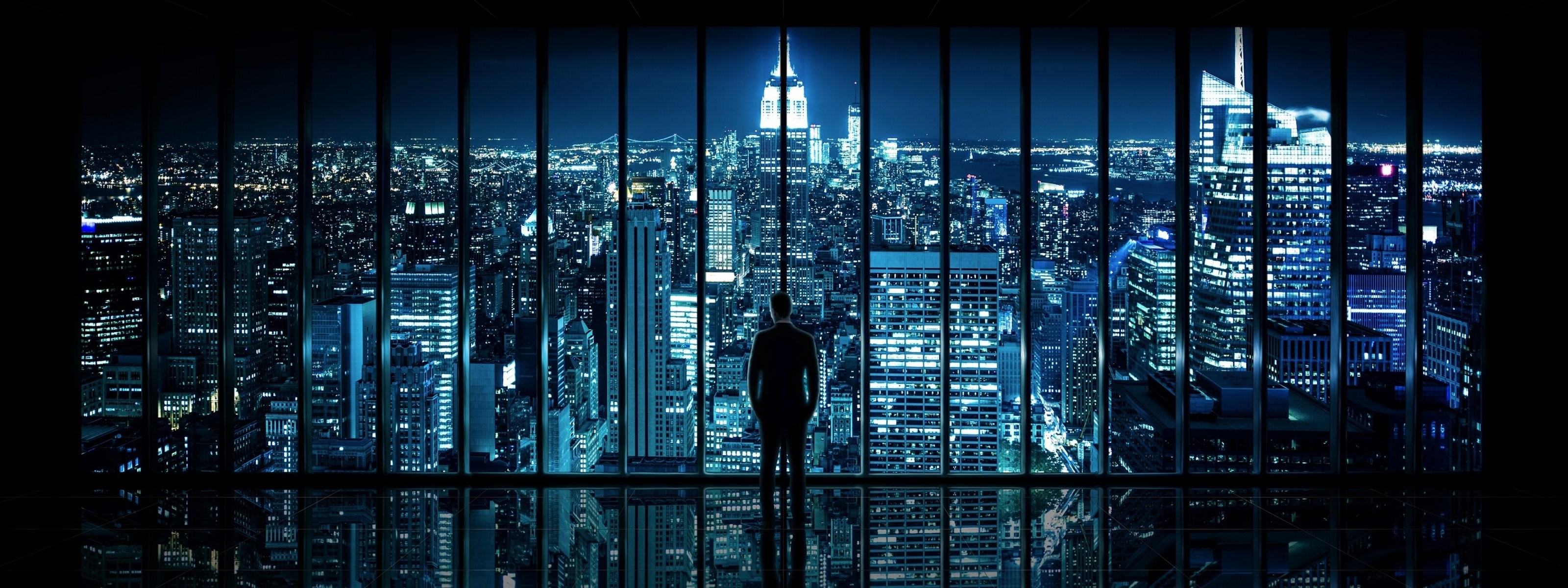 New York, Empire State Building, Finestre, Notte, Silhouette, 2K, sfondo per PC e portatile