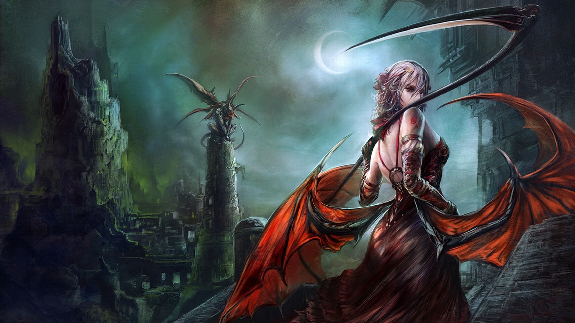 Guerriera, Falce, Ali, Luna, Full HD, wallpaper per computer