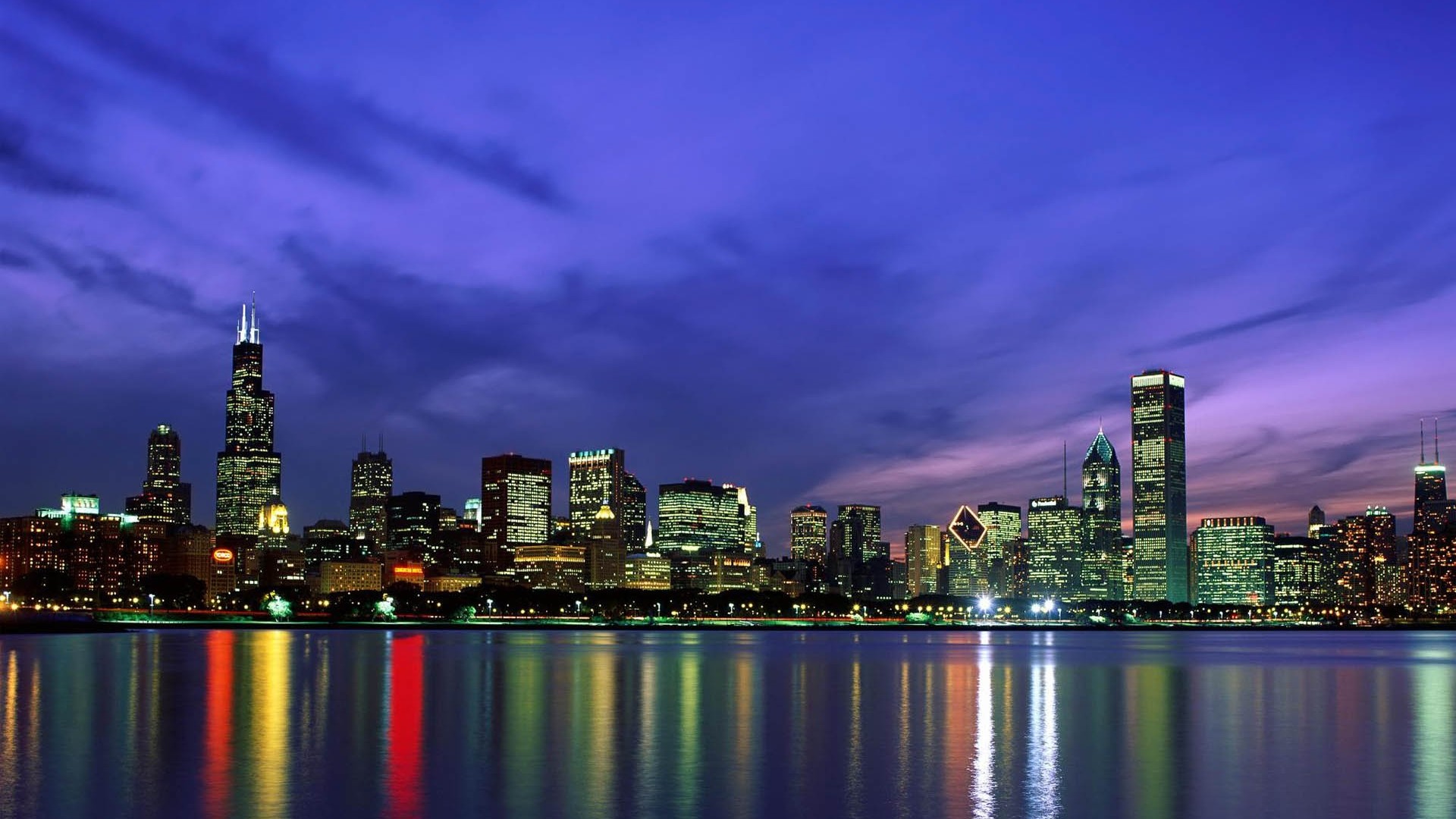 Chicago, Skyline, Willis Tower, Notte, Riflesso, 16:9 Full HD, sfondo widescreen