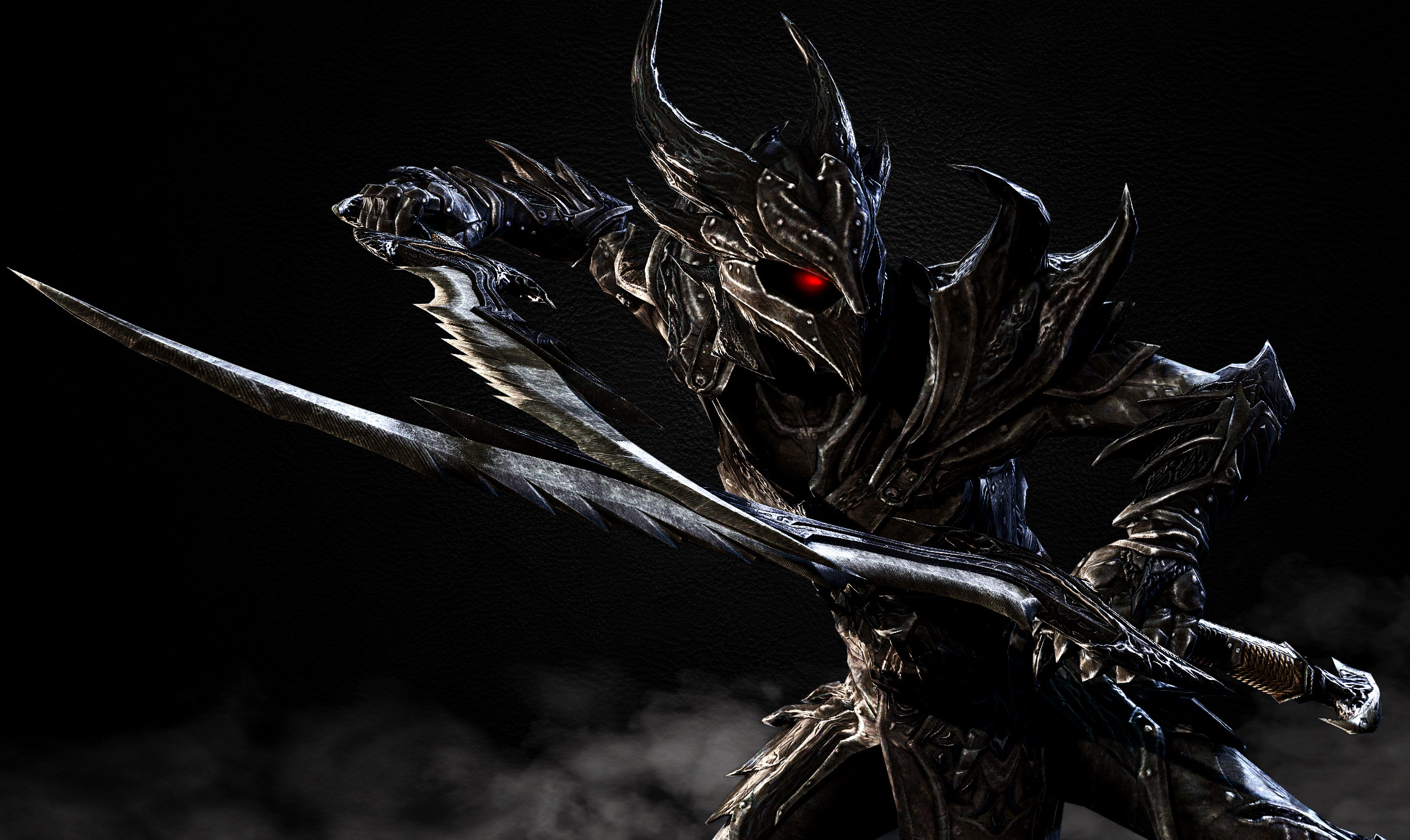 The Elder Scrolls V: Skyrim, Armatura daedrica, Spada, Sfondo nero, wallpaper desktop Full HD
