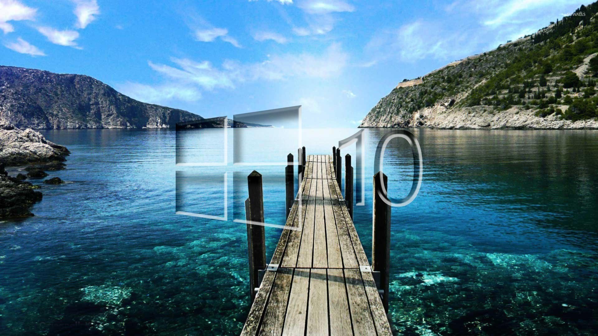Windows 10, Logo Windows, Pontile, Mare, Baia, Full HD, sfondo per PC