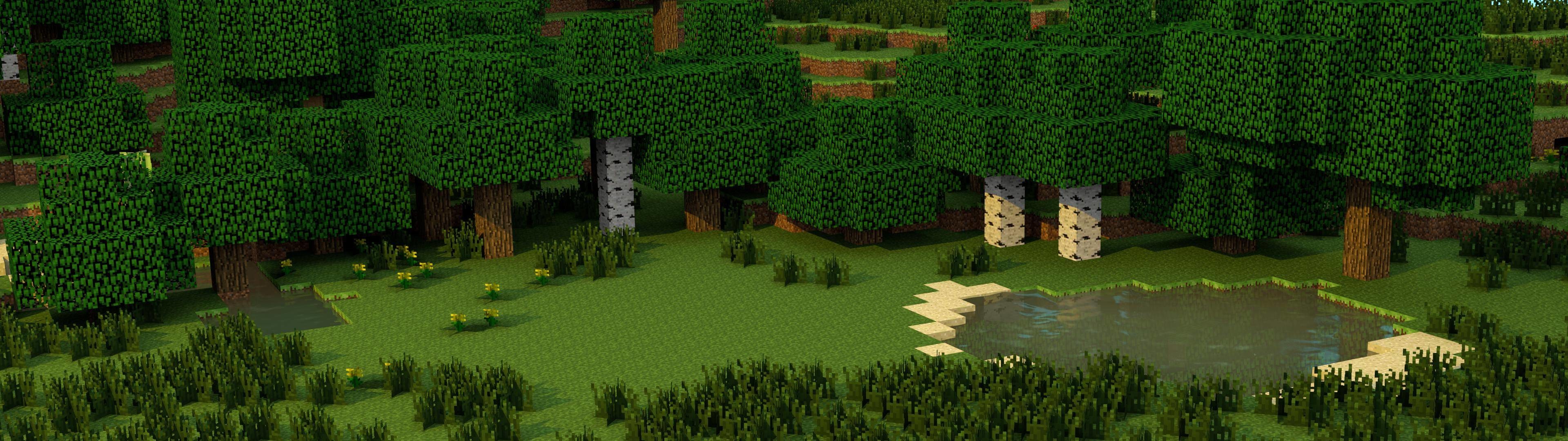 Minecraft, Foresta, Stagno, Paesaggio, Panorama, doppio schermo, sfondo Full HD