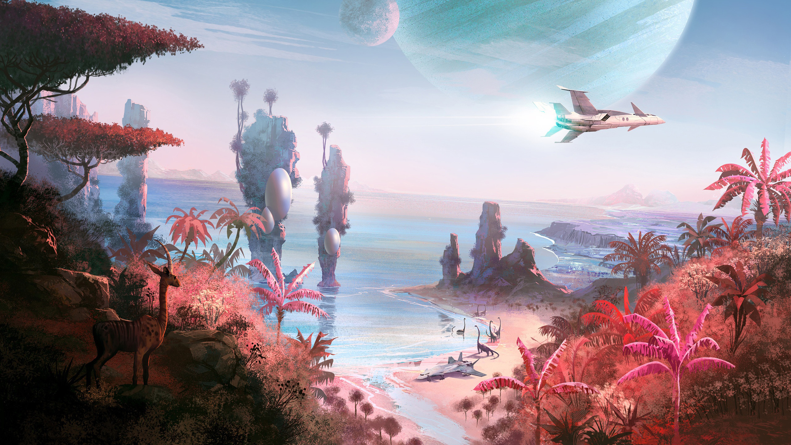 No Man's Sky, Isole rocciose, Astronave, Mare, Flora aliena, 2K, sfondo desktop