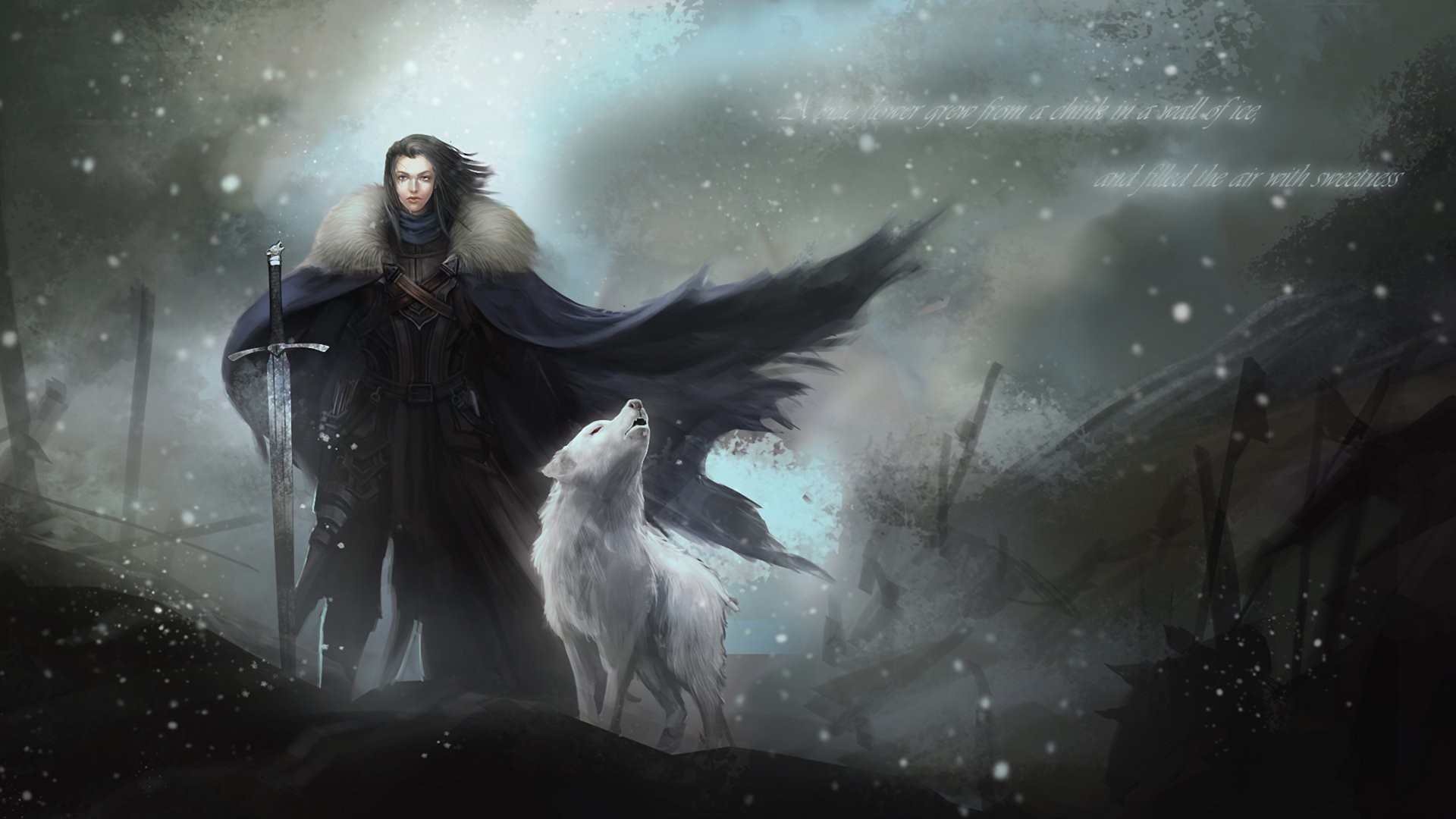 Jon Snow, Spettro, Metalupo, Il Trono di Spade, Neve, Arte digitale, wallpaper desktop Full HD