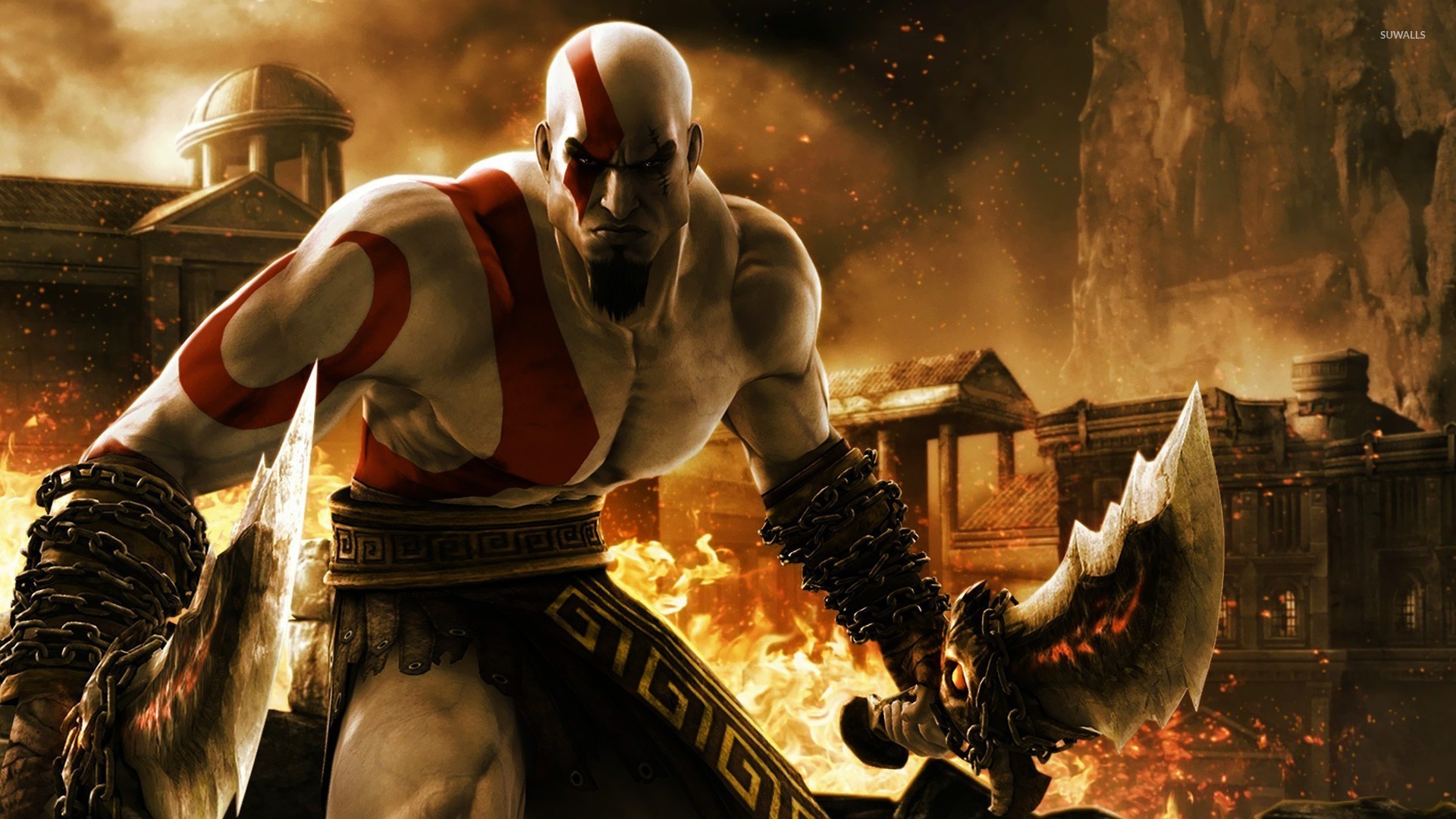 Kratos, God of War, Lame del Caos, Fuoco, Rovine greche, 16:9 Full HD, sfondo widescreen