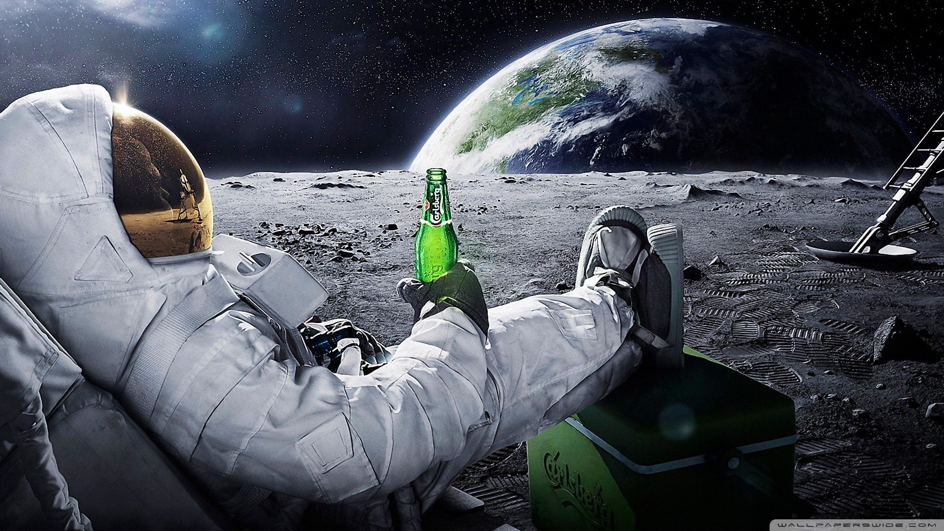 Astronauta, Superficie lunare, Terra, Birra, Umorismo, Full HD, sfondo Windows 11