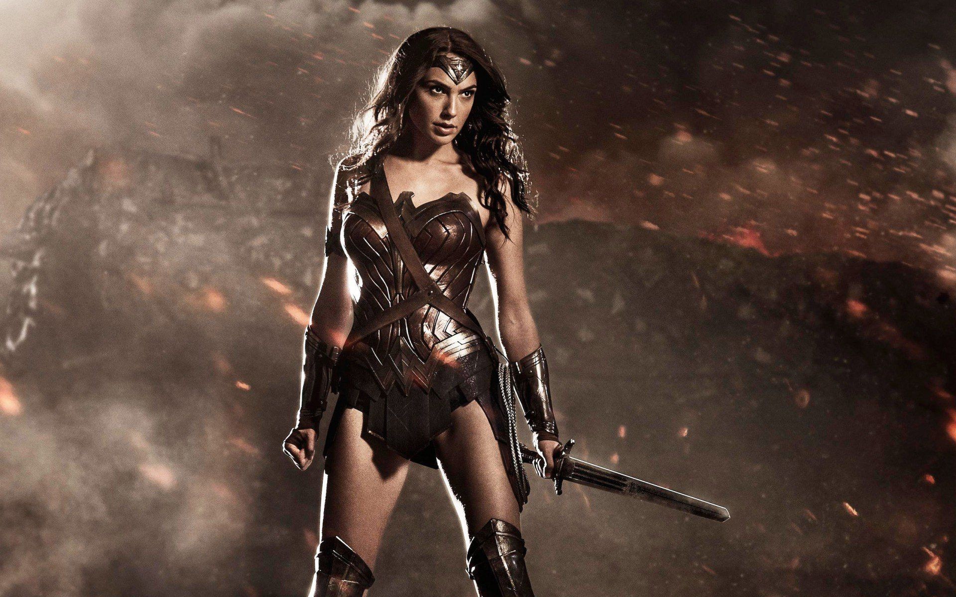 Gal Gadot, Wonder Woman, Batman v Superman: Dawn of Justice, DC Comics, Spada, Scintille, sfondo Full HD