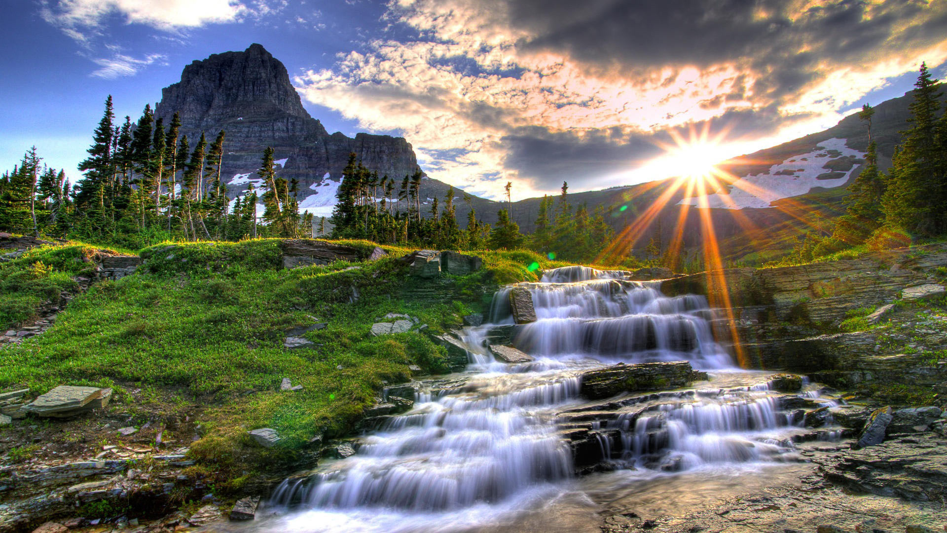 Glacier National Park, Cascata, Montagne, Sole, Paesaggio, sfondo per desktop