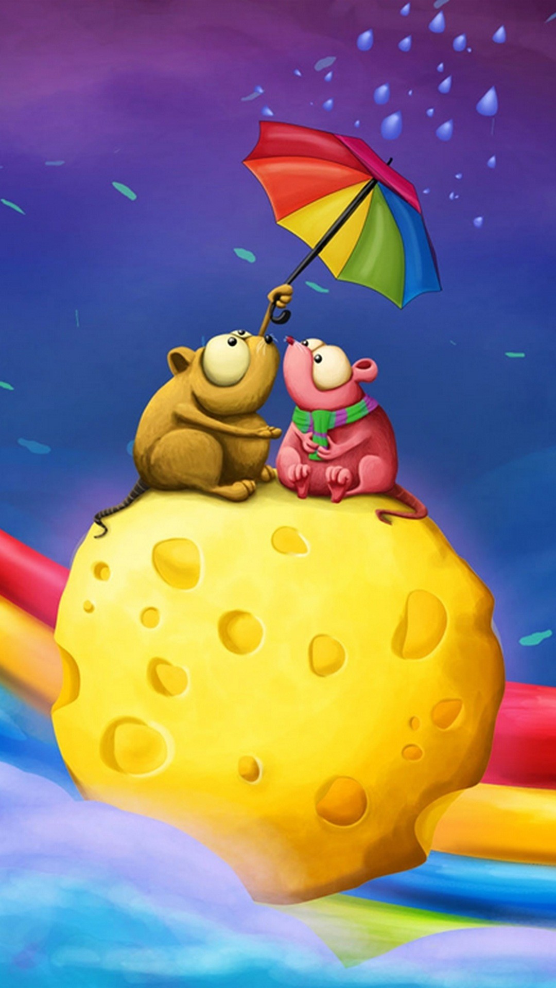 Topolini, Formaggio, Ombrello arcobaleno, Illustrazione, sfondo Samsung Full HD