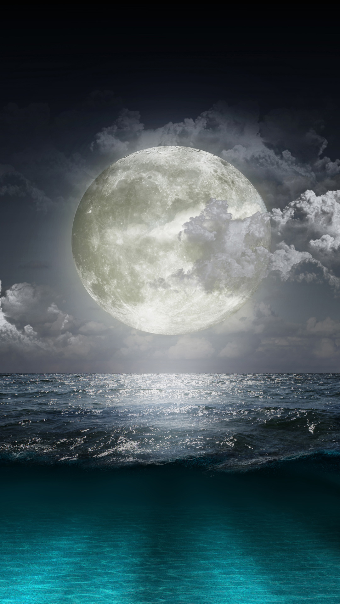 Luna piena, Mare, Nuvole, Notte, Full HD, sfondo verticale per cellulare