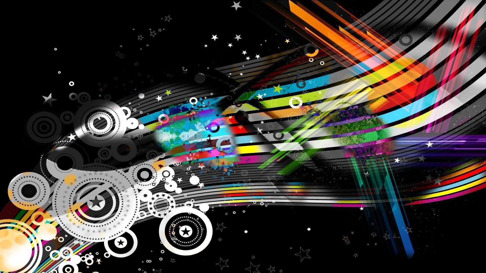 Arte astratta, Onde colorate, Cerchi, Sfondo nero, Full HD, wallpaper desktop