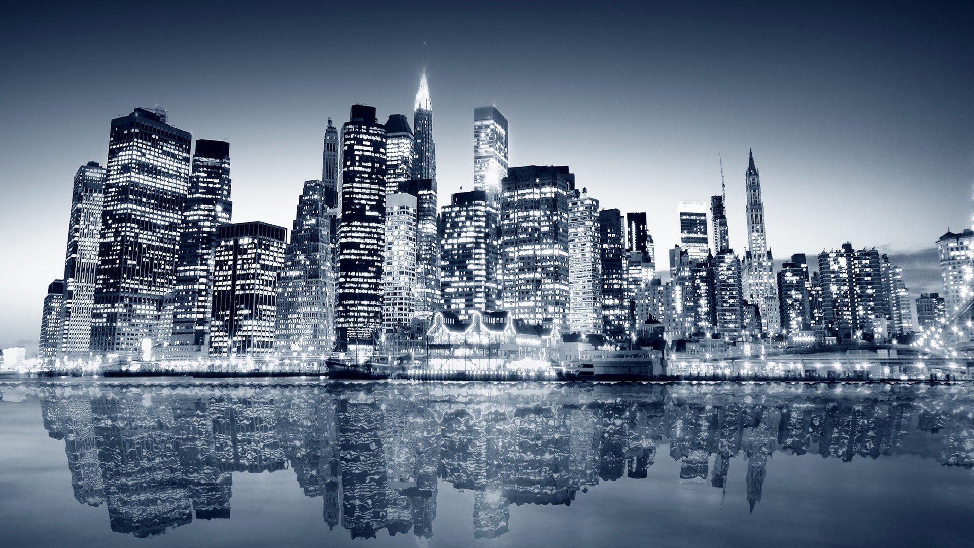 Lower Manhattan, Skyline, Riflesso, Toni blu, Full HD, wallpaper per PC