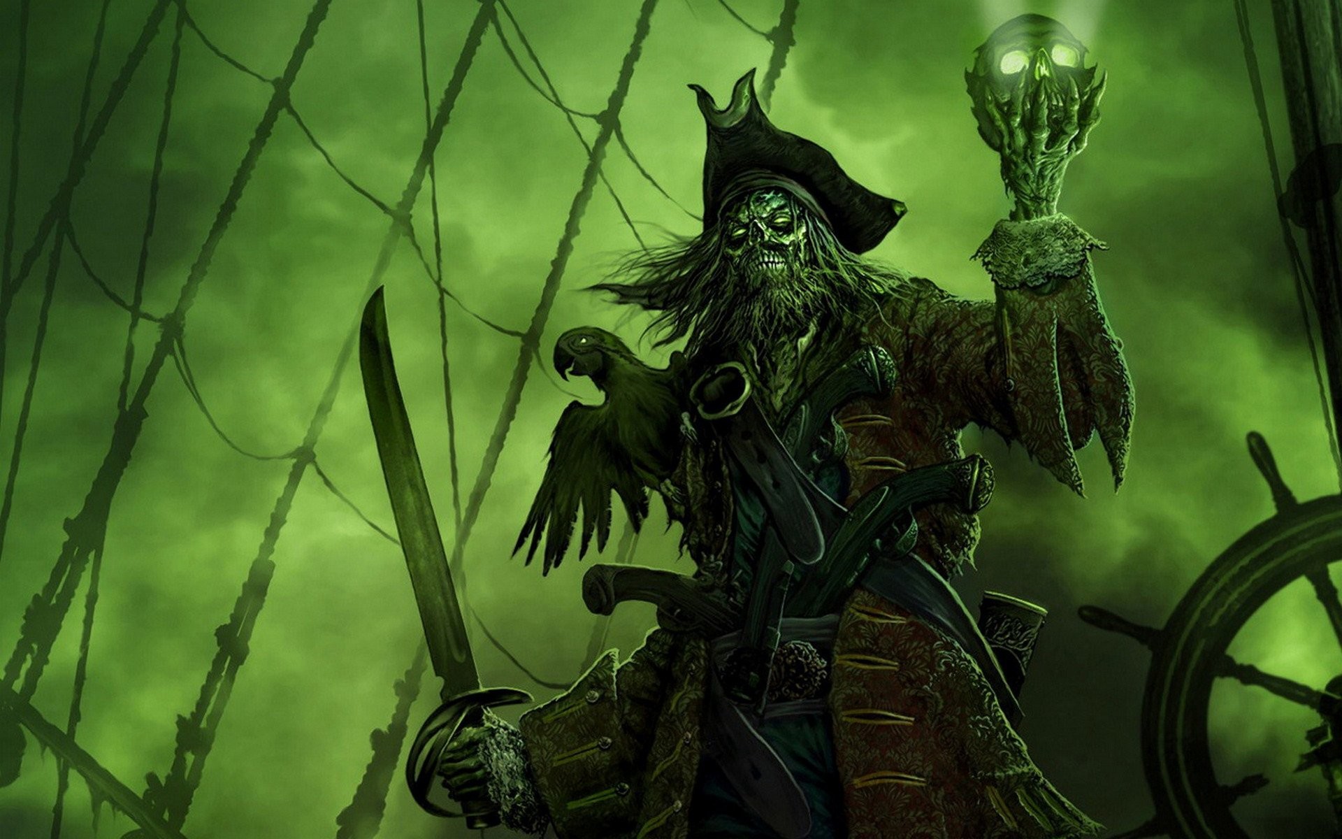 Pirata zombie, Pappagallo, Fantasy, Verde, 1920x1200, sfondo MacBook Pro