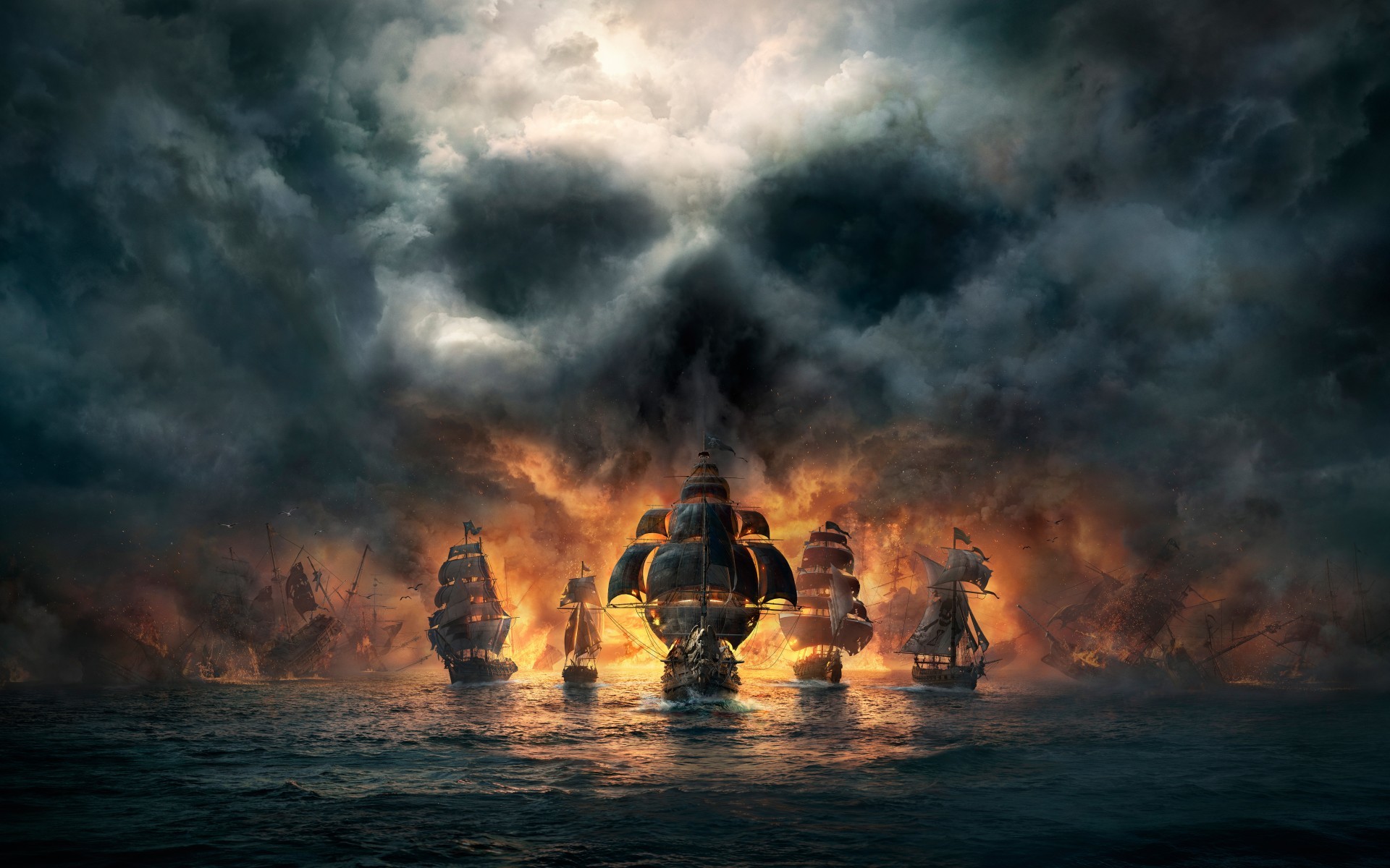Navi pirata, Teschio, Fumo, Fiamme, Mare, sfondo Android