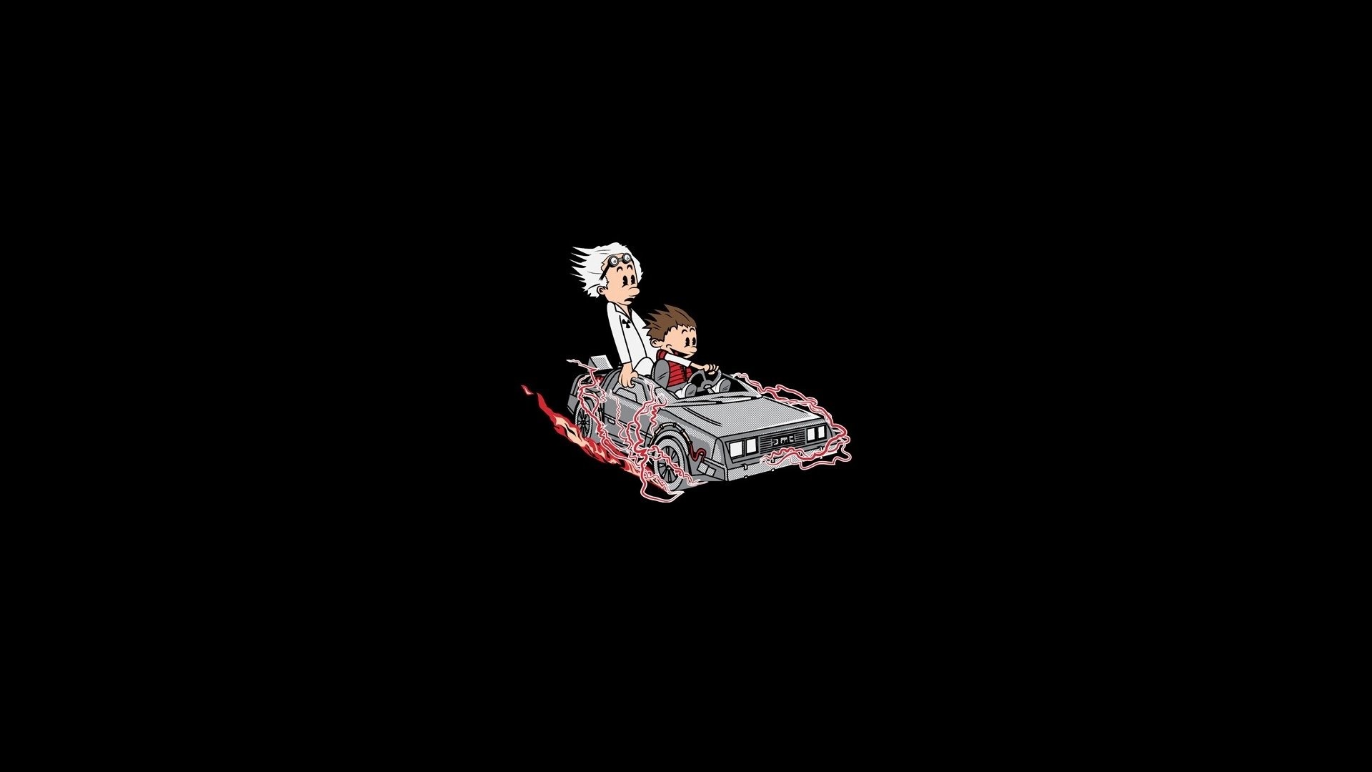 Doc Brown, Marty McFly, DeLorean DMC-12, Ritorno al futuro, Caricatura, sfondo 1920x1080 per PC