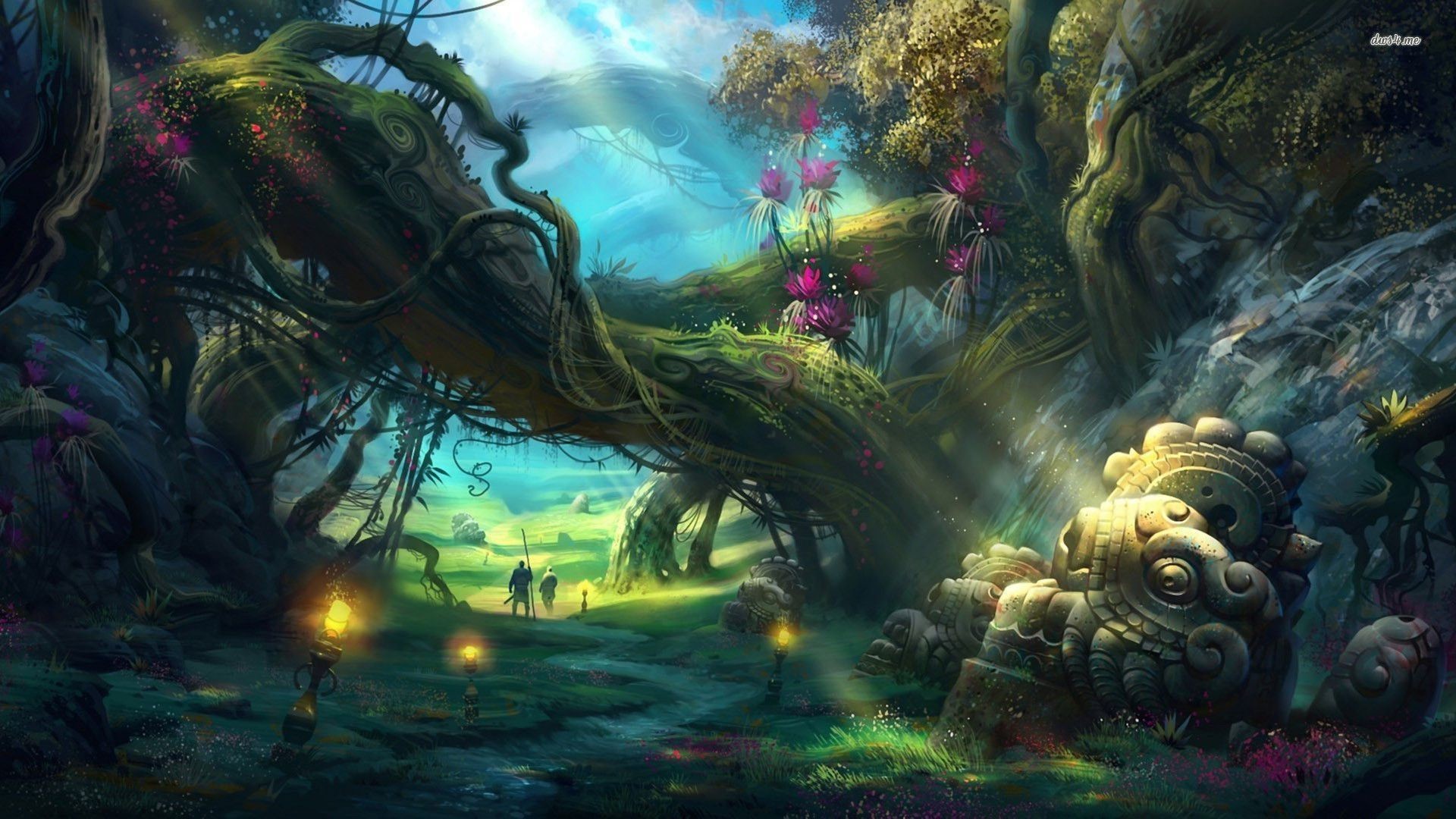 Foresta incantata, Statue di pietra, Lanterne, Fantasy, Verde, 1920x1080, sfondo per PC