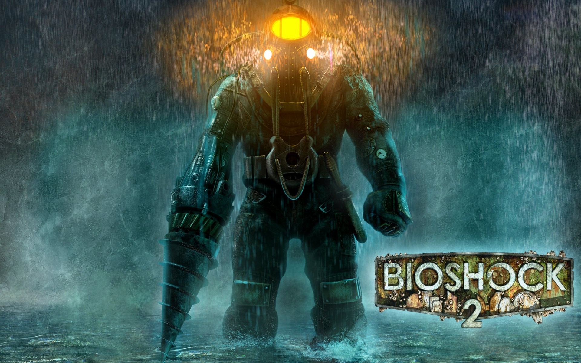 BioShock 2, Big Daddy, Logo, Pioggia, 16:10 Full HD, sfondo widescreen