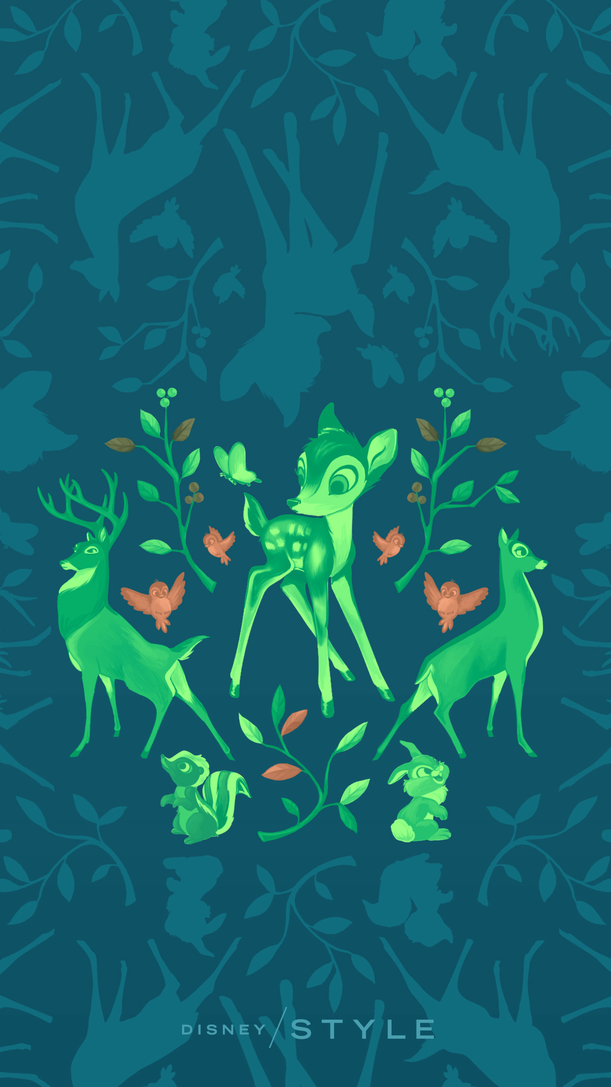 Bambi, Disney, Silhouette, Verde acqua, Illustrazione, 1242x2208, schermata di blocco iPhone