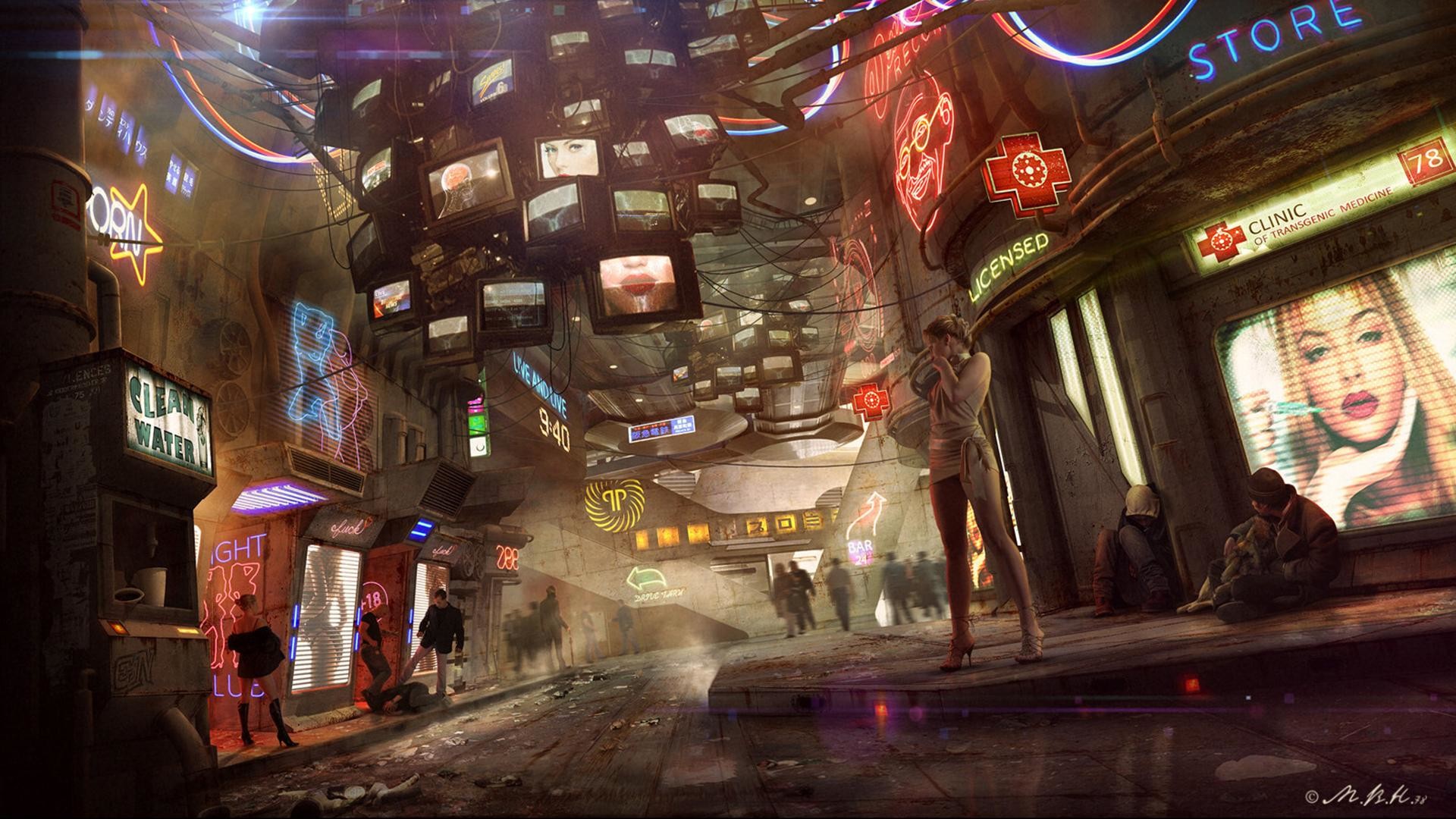 Strada cyberpunk, Insegne, Negozi, Arte digitale, Full HD, wallpaper per portatile